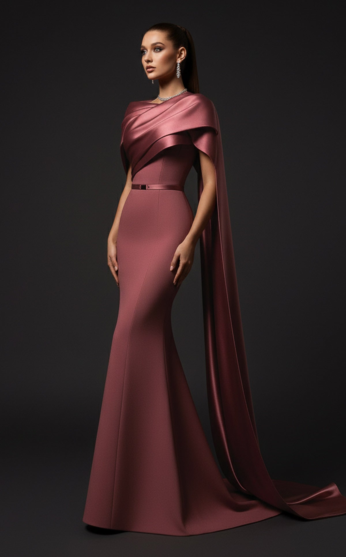 Elie Awad E0125 Pink Crepe Mermaid Gown with Off-Shoulder Drape & Side Train