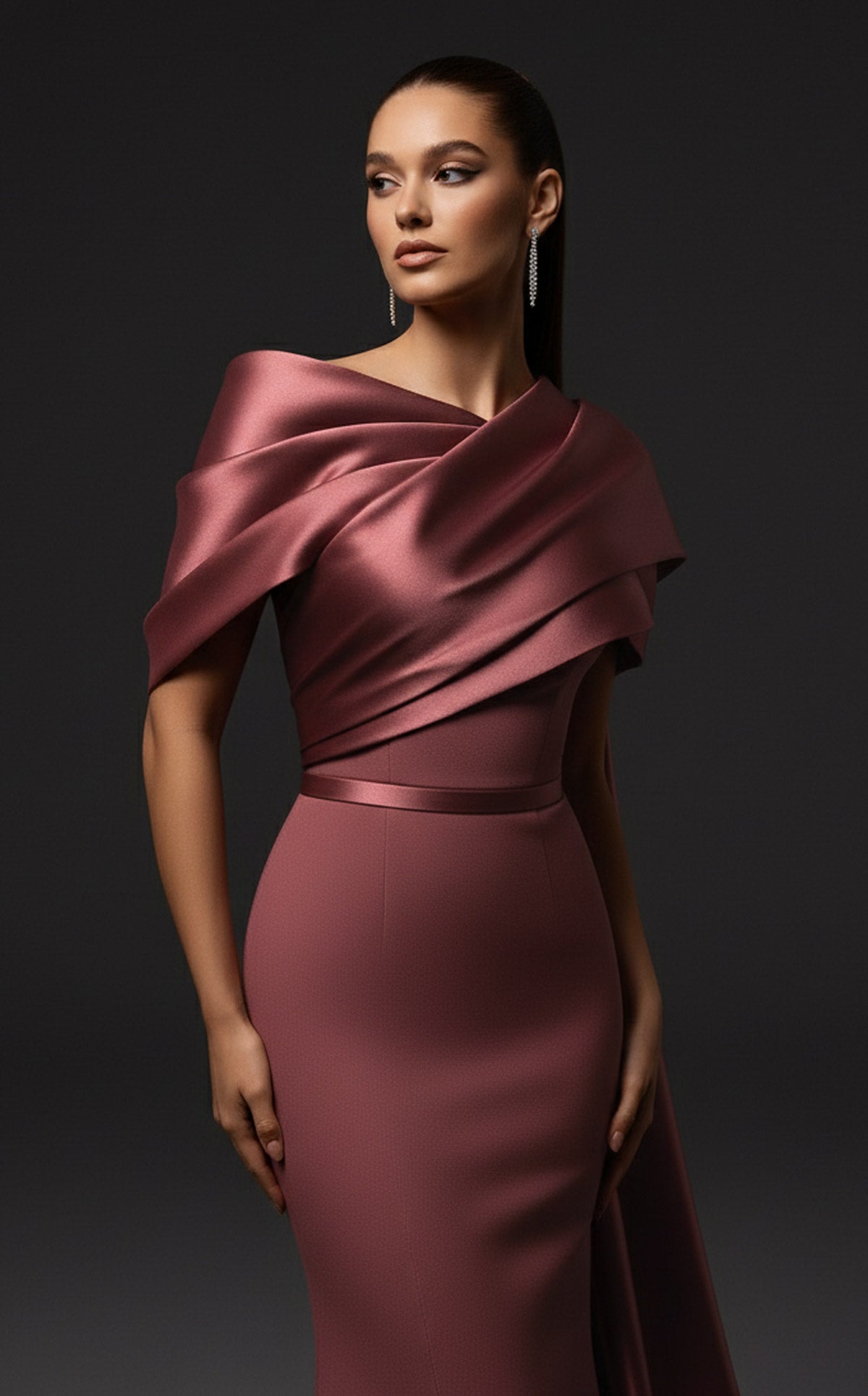 Elie Awad E0125 Pink Crepe Mermaid Gown with Off-Shoulder Drape & Side Train