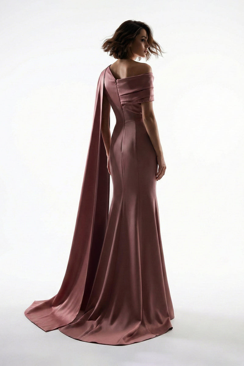 Elie Awad E0125 Pink Crepe Mermaid Gown with Off-Shoulder Drape & Side Train