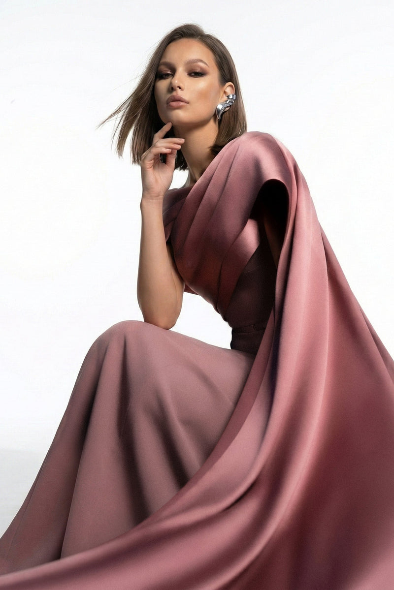 Elie Awad E0125 Pink Crepe Mermaid Gown with Off-Shoulder Drape & Side Train