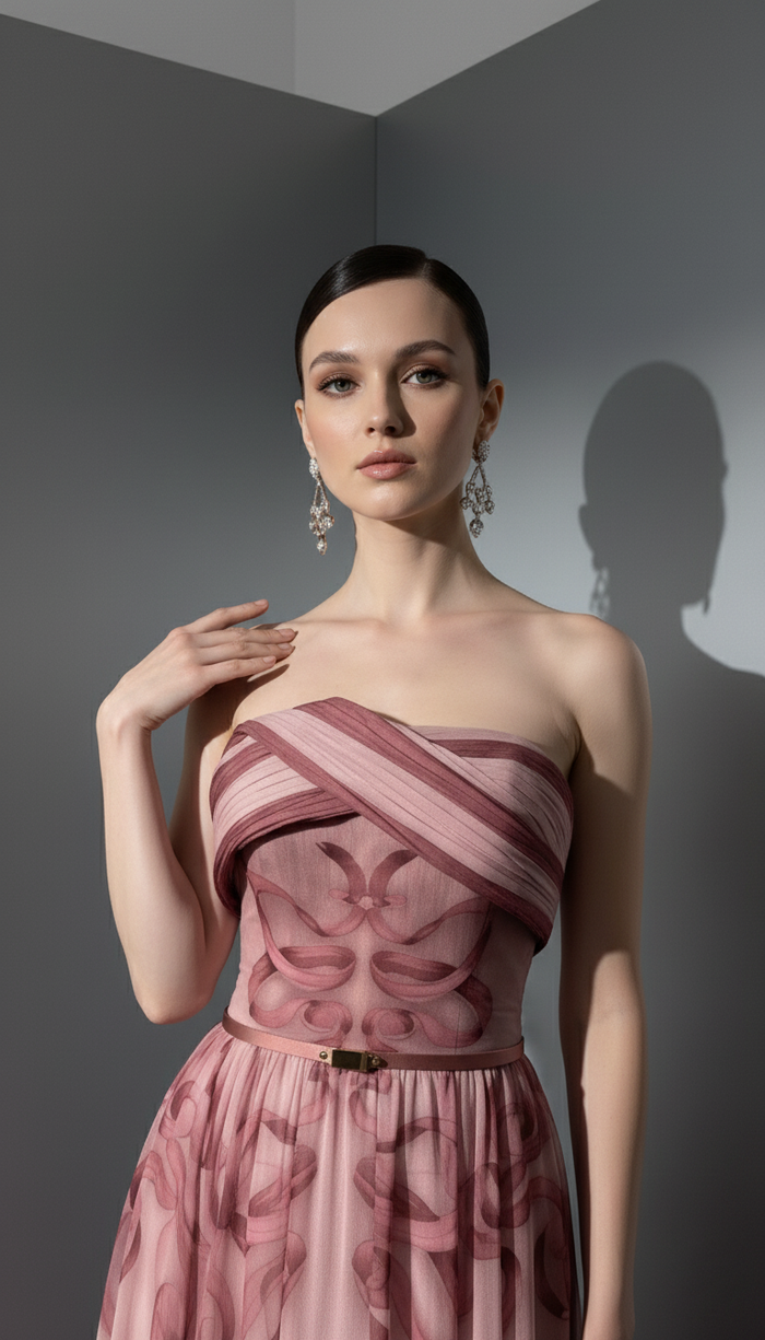 Elie Awad E0129 Strapless Crossover Bodice Chiffon Gown with Slim Belt