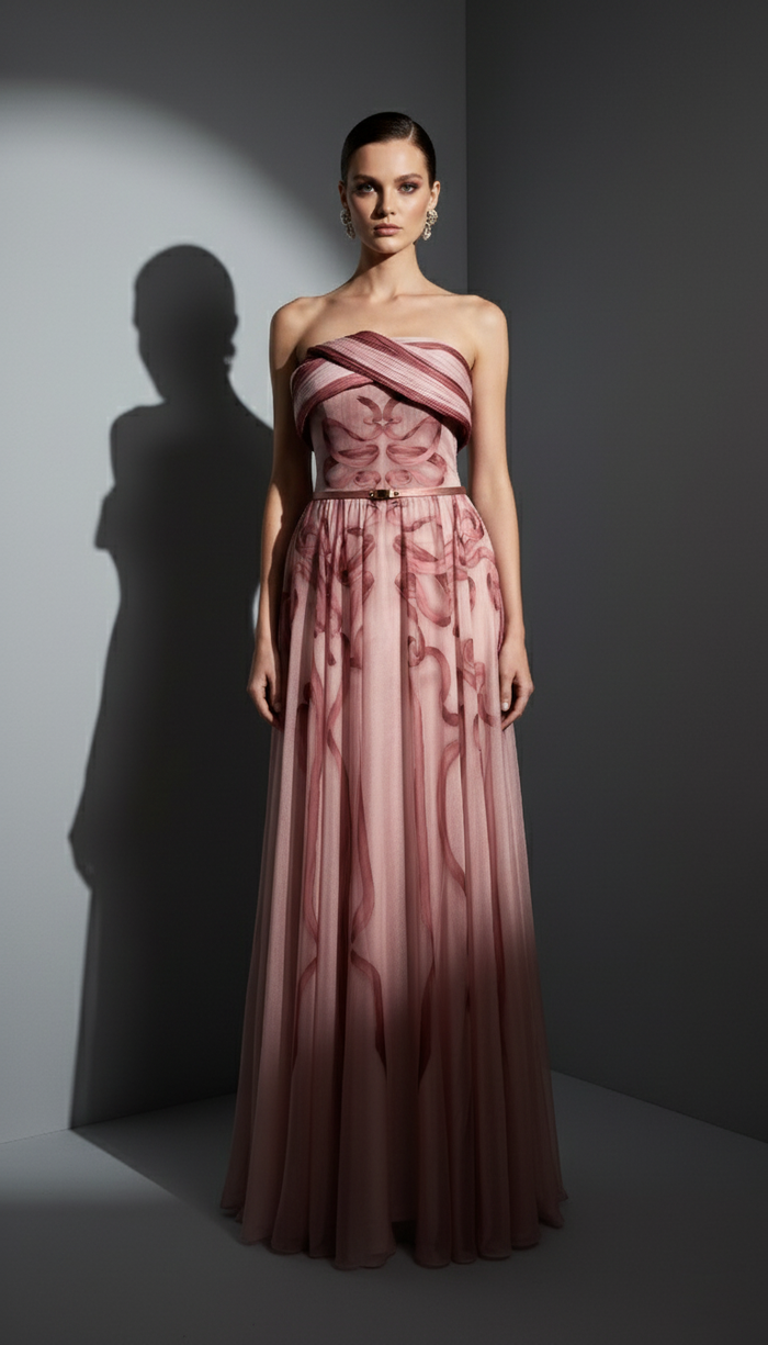Elie Awad E0129 Strapless Crossover Bodice Chiffon Gown with Slim Belt