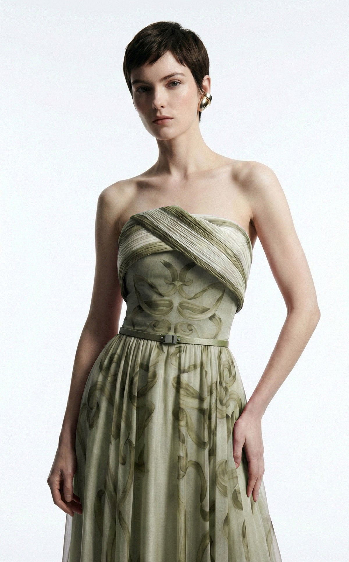 Elie Awad E0129 Strapless Crossover Bodice Chiffon Gown with Slim Belt