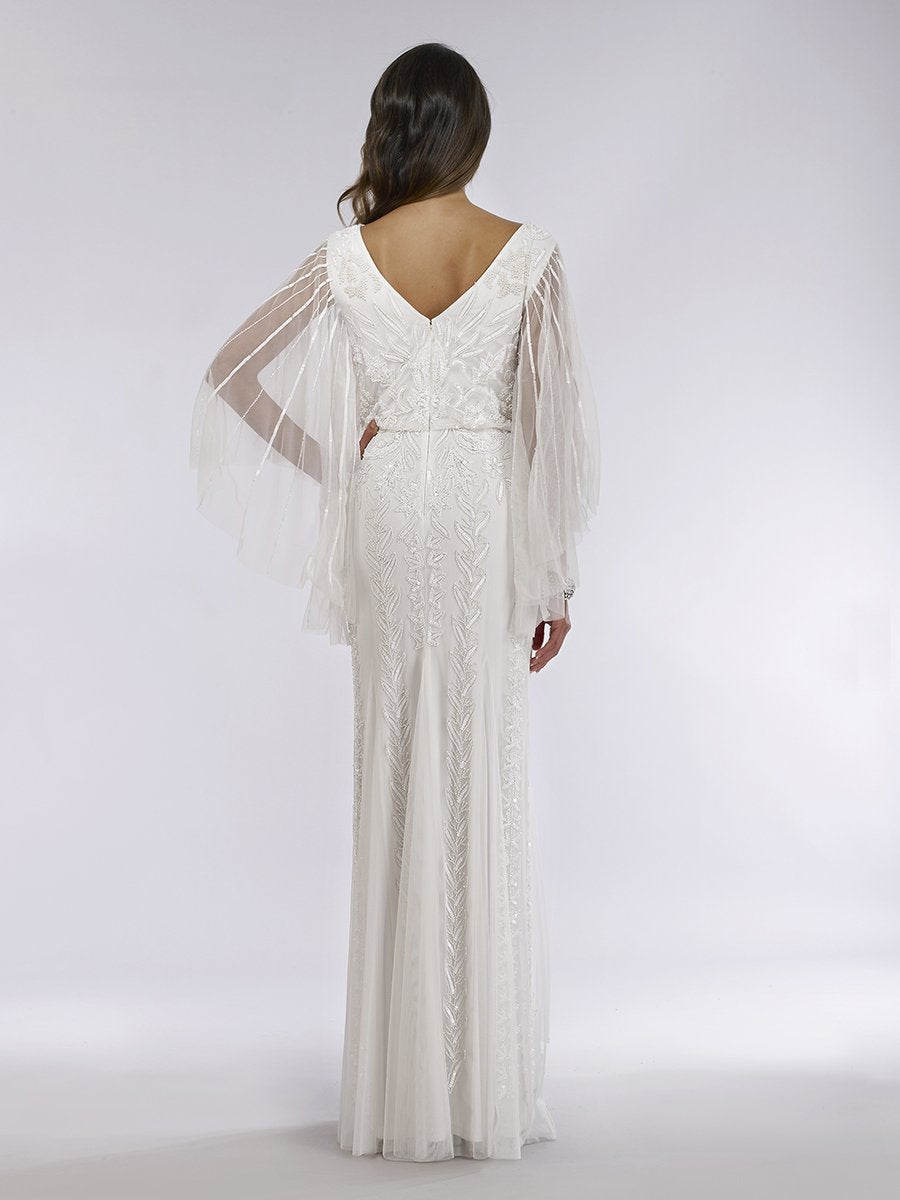Ella Beaded Cape Sleeve Wedding Dress with V-Neckline 51046
