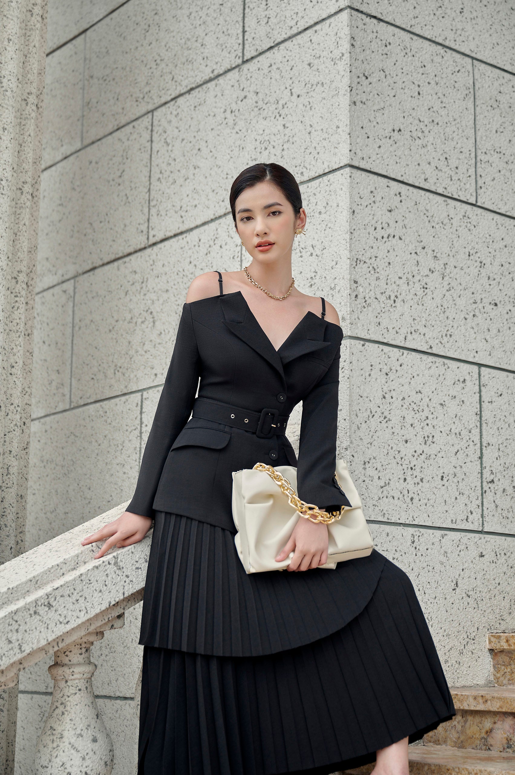 Elodie Black Off-shoulder Blazer Celeste Pleated Skirt
