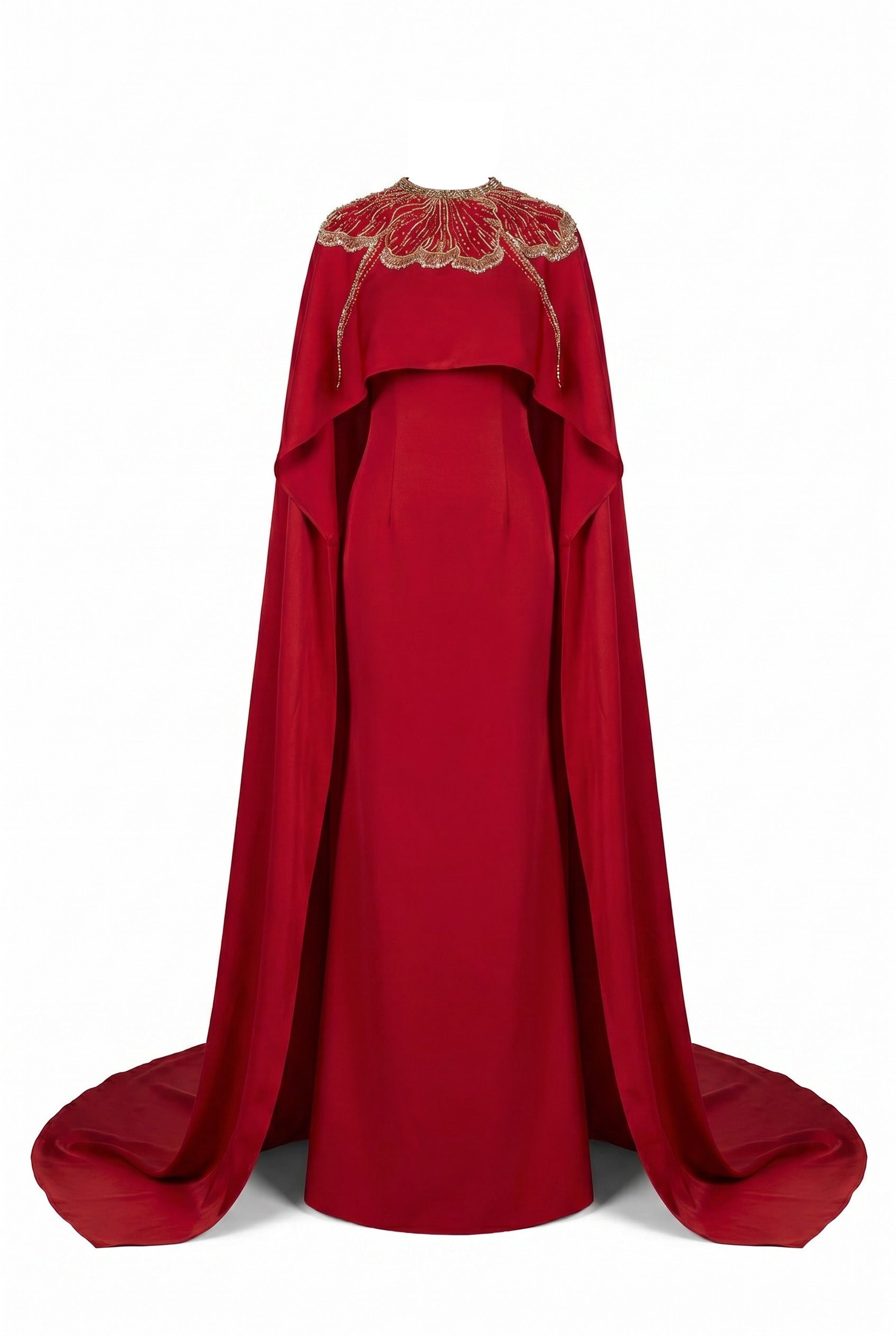 Embellished Cape Red Column Maxi Gown
