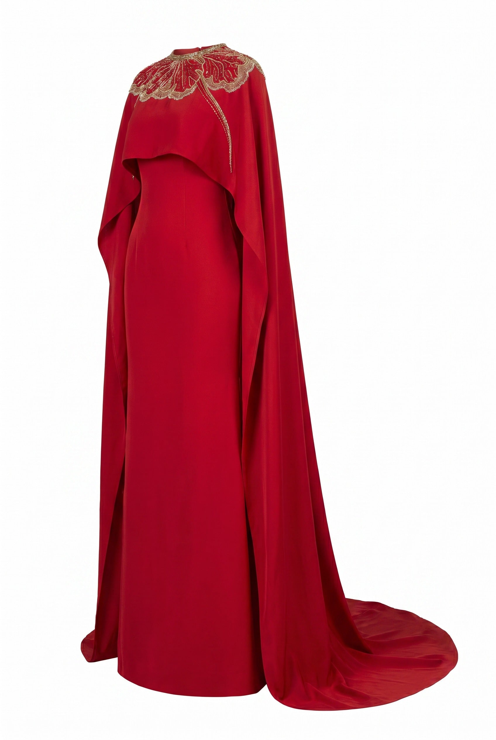 Embellished Cape Red Column Maxi Gown