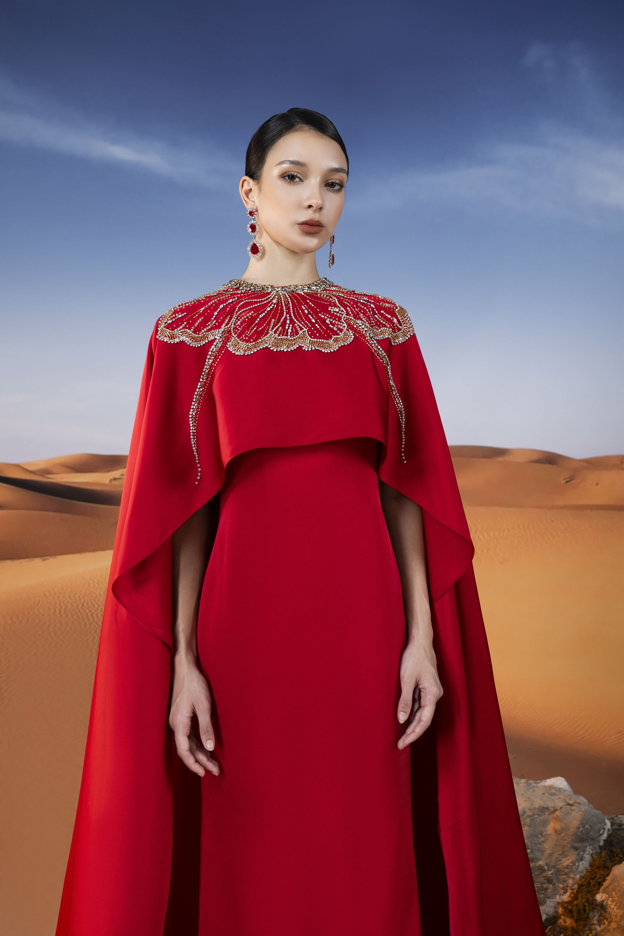 Embellished Cape Red Column Maxi Gown