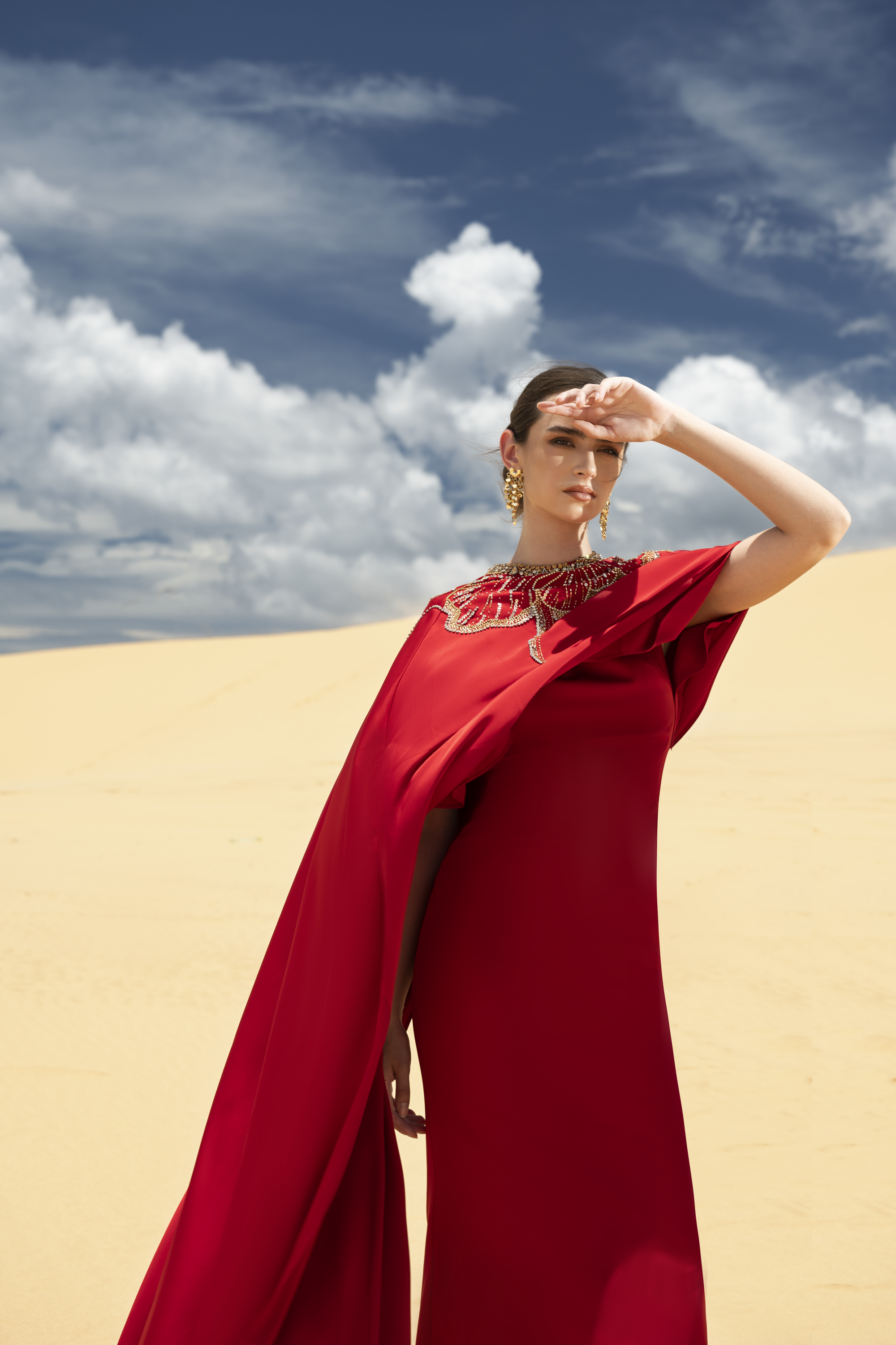 Embellished Cape Red Column Maxi Gown