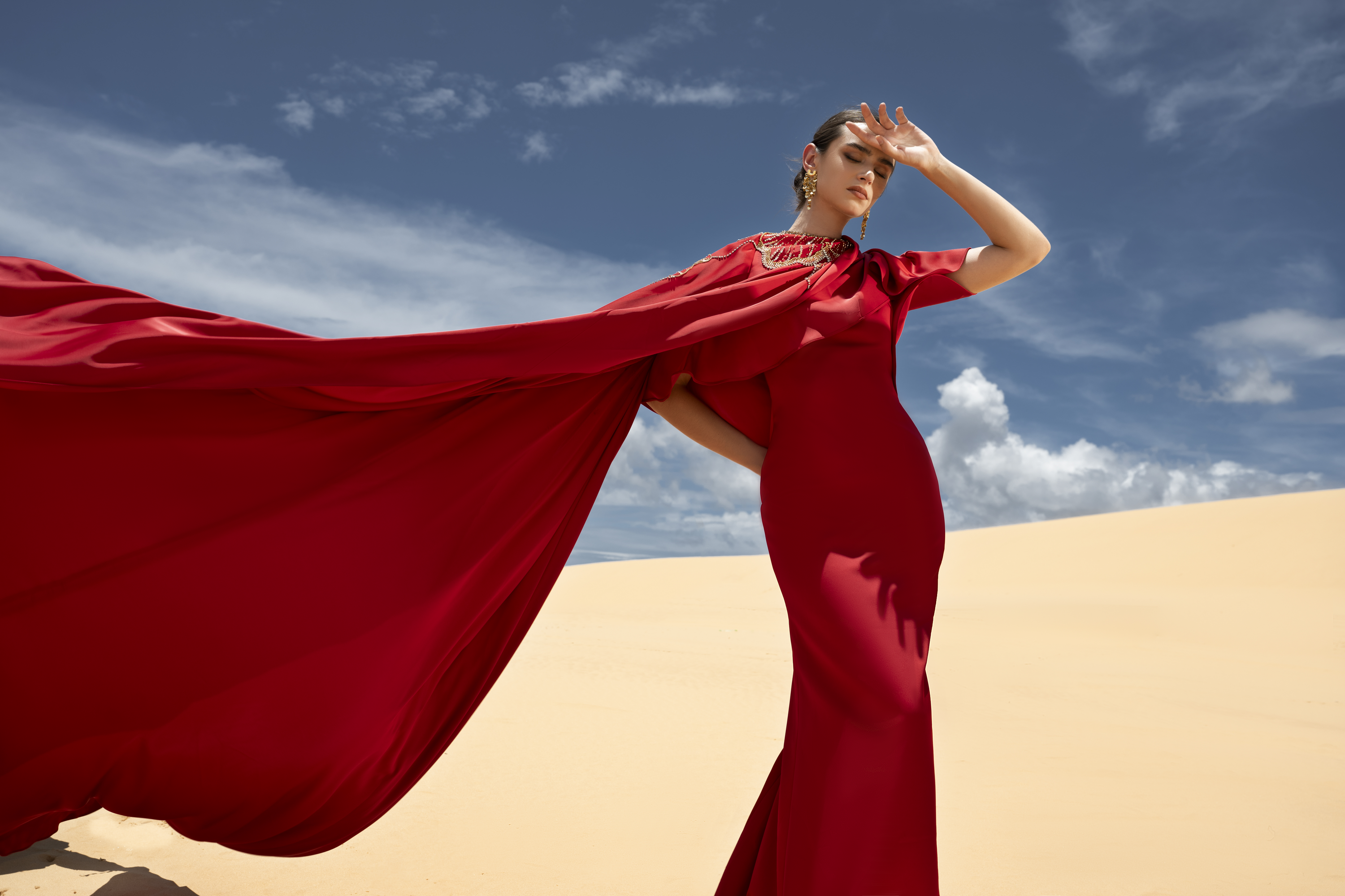 Embellished Cape Red Column Maxi Gown