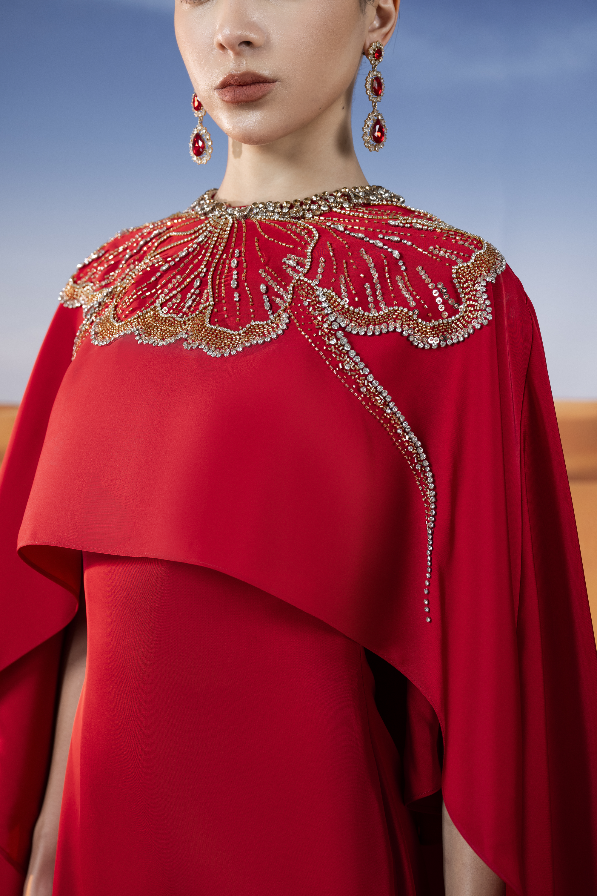 Embellished Cape Red Column Maxi Gown