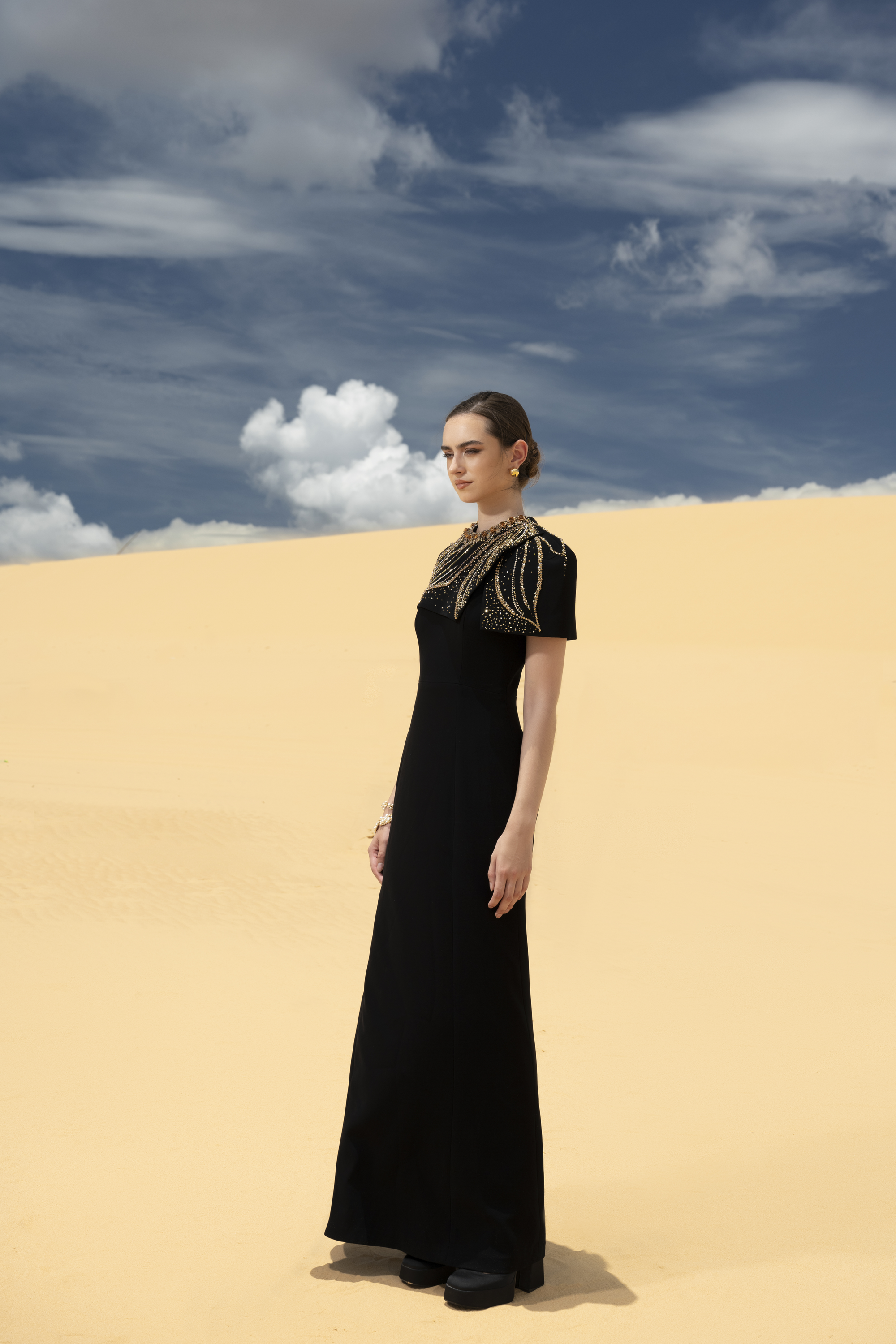 Embellished Cape Shoulder Black Maxi Gown
