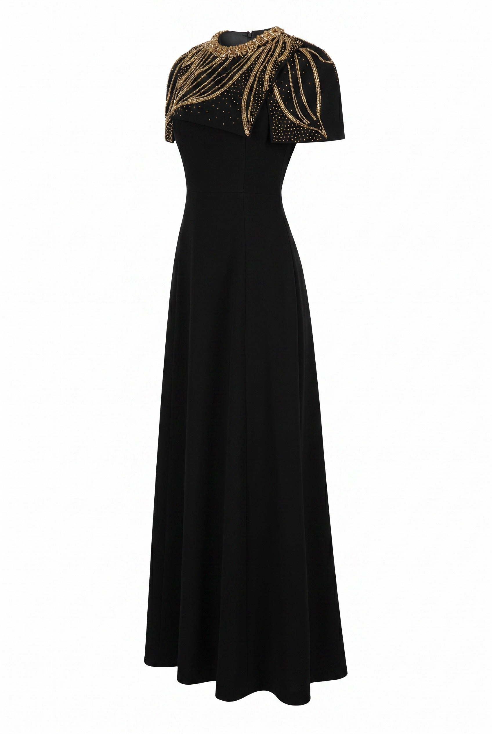 Embellished Cape Shoulder Black Maxi Gown