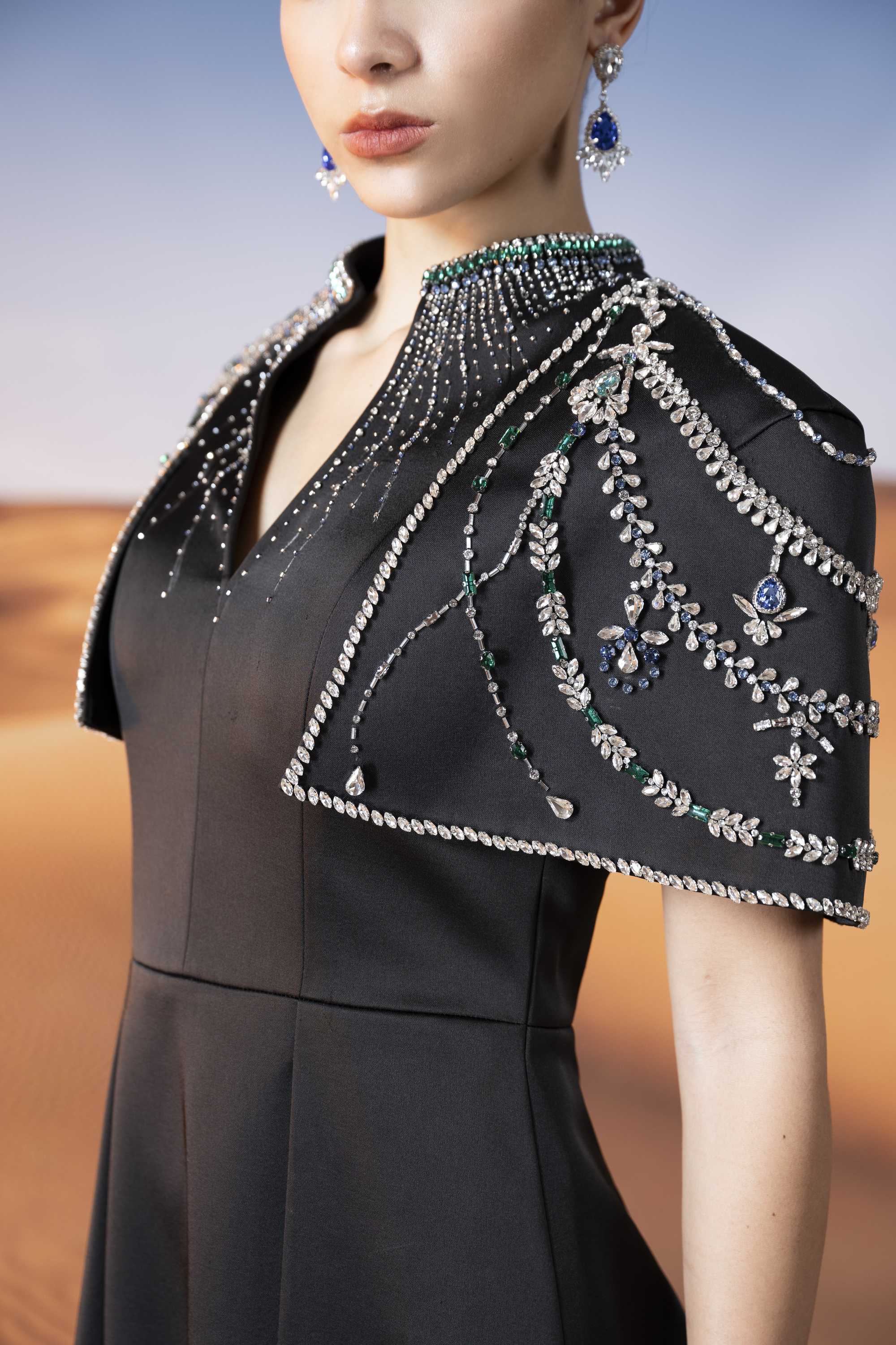 Embellished Cape Shoulder Black Maxi Gown