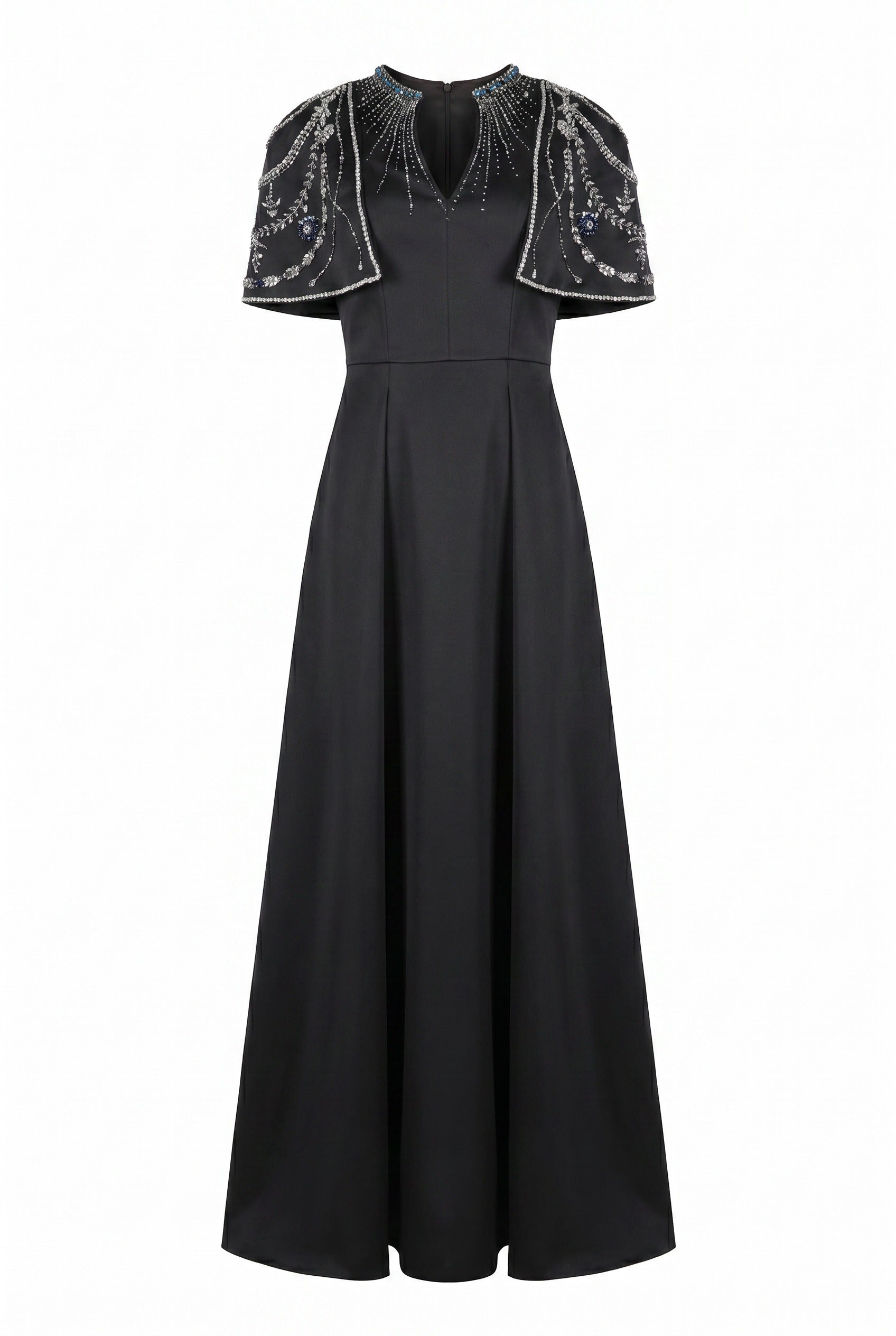 Embellished Cape Shoulder Black Maxi Gown