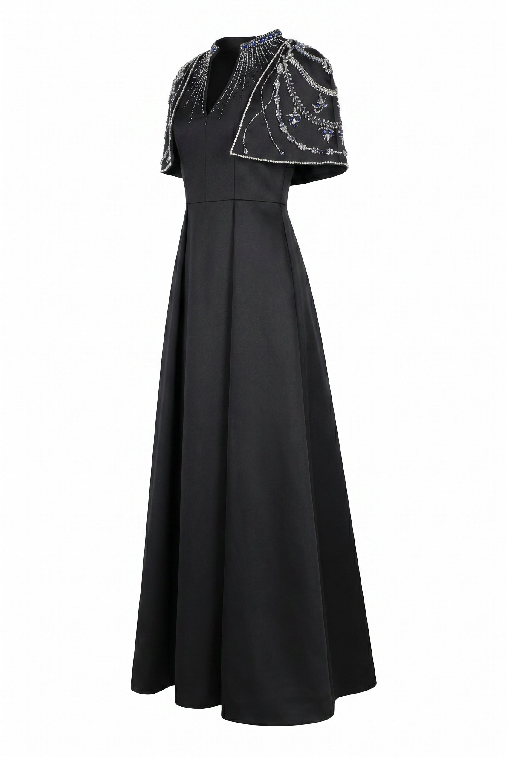 Embellished Cape Shoulder Black Maxi Gown