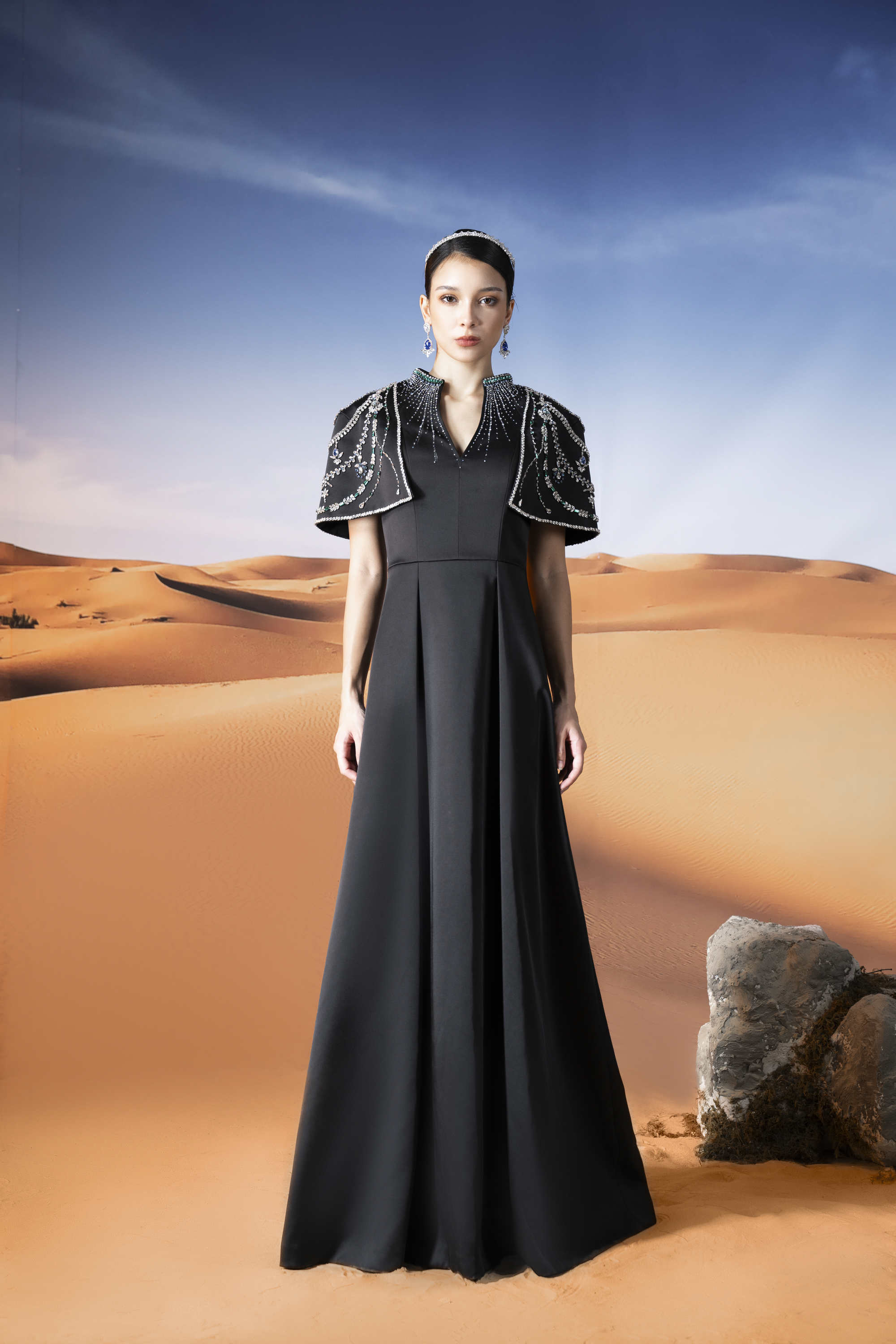 Embellished Cape Shoulder Black Maxi Gown