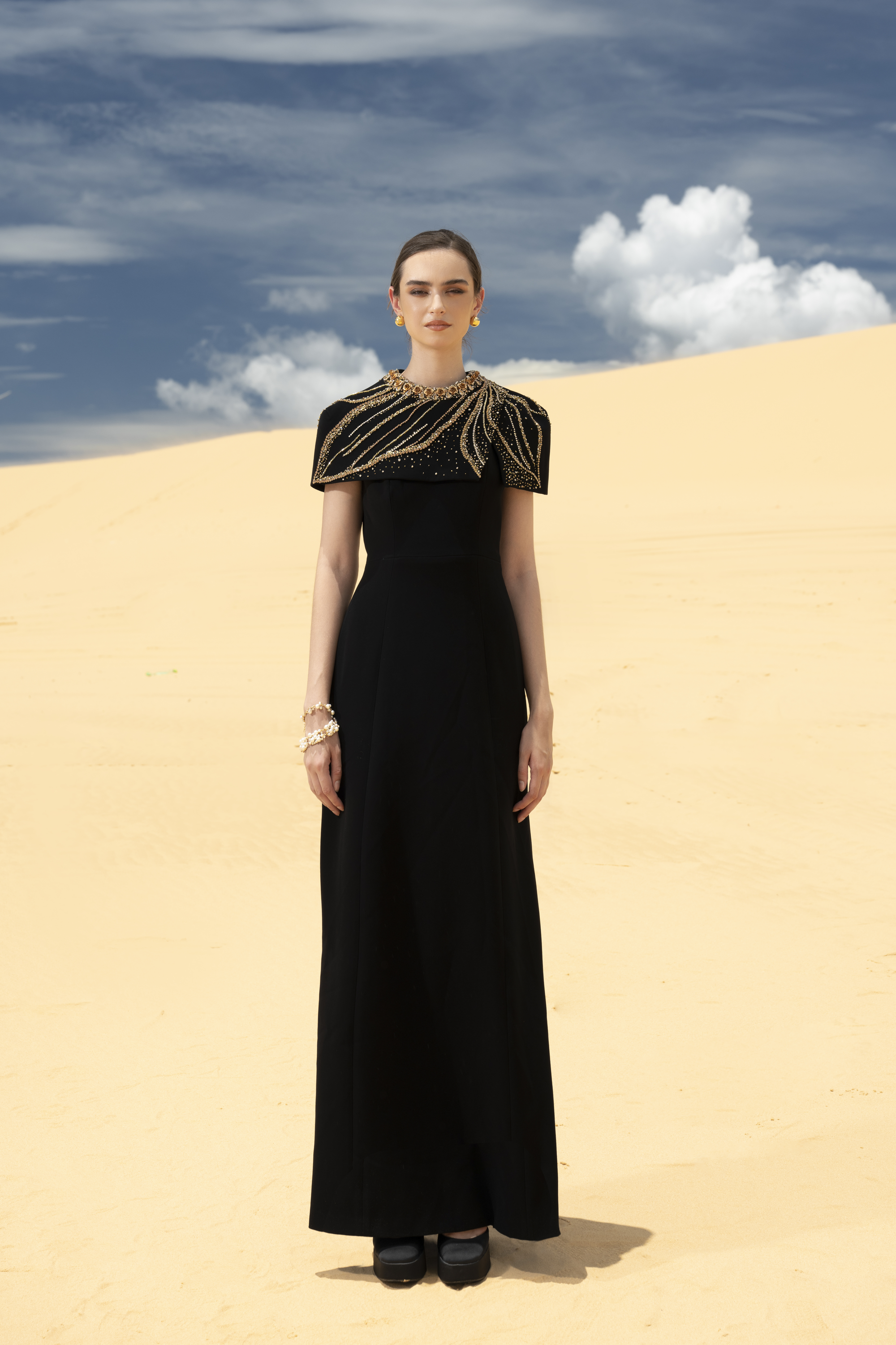 Embellished Cape Shoulder Black Maxi Gown