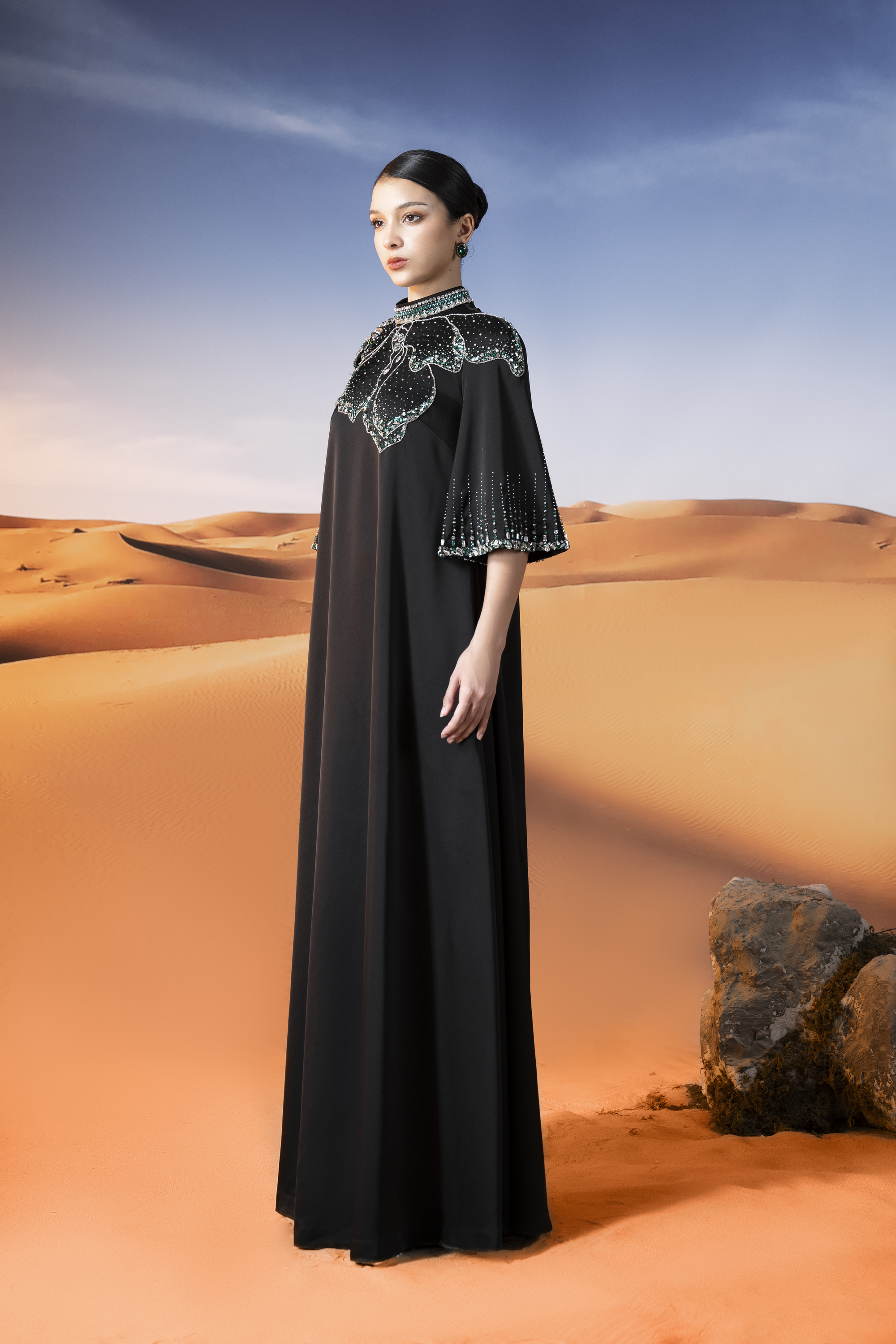 Embellished Cape Sleeve Black Maxi Gown