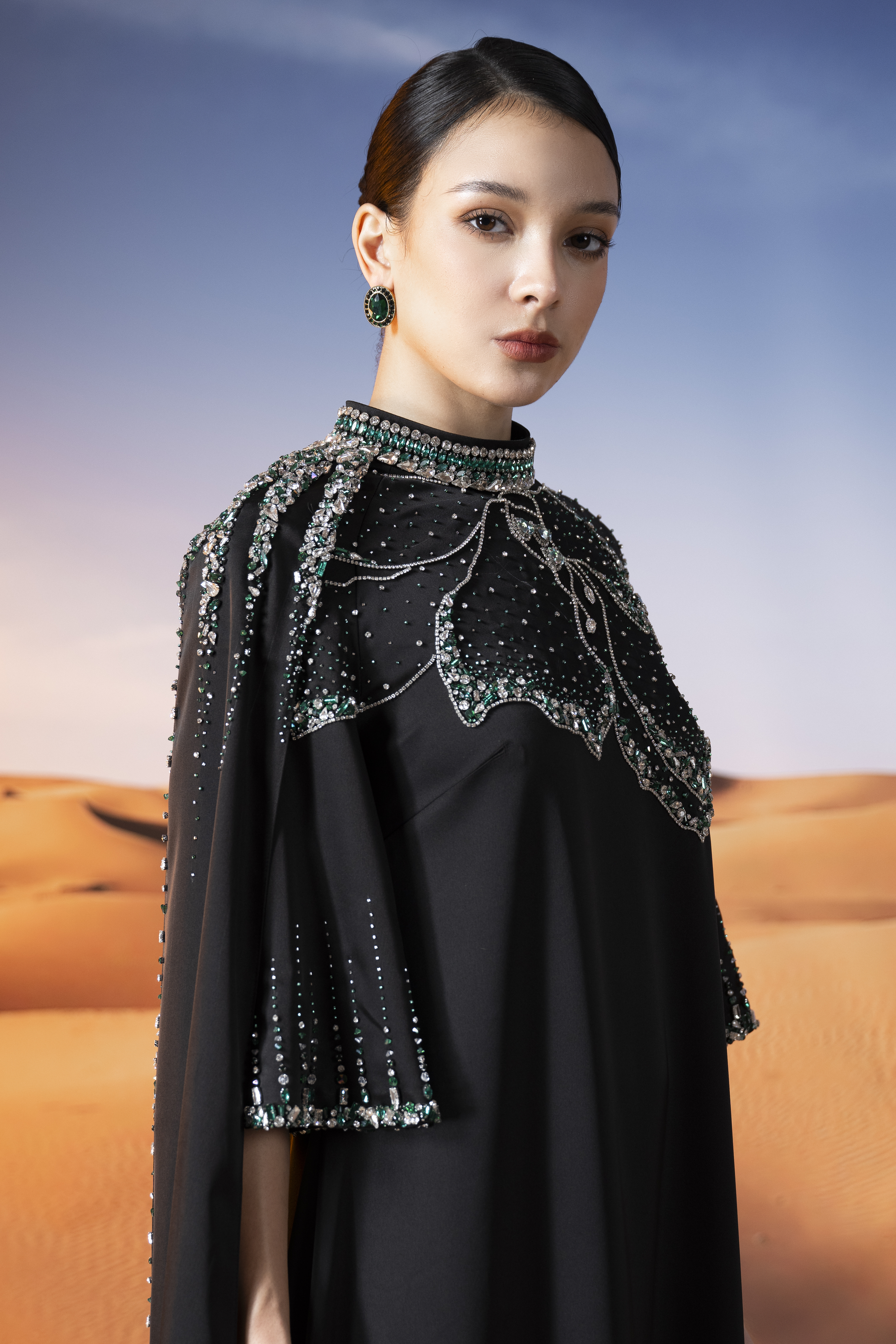 Embellished Cape Sleeve Black Maxi Gown