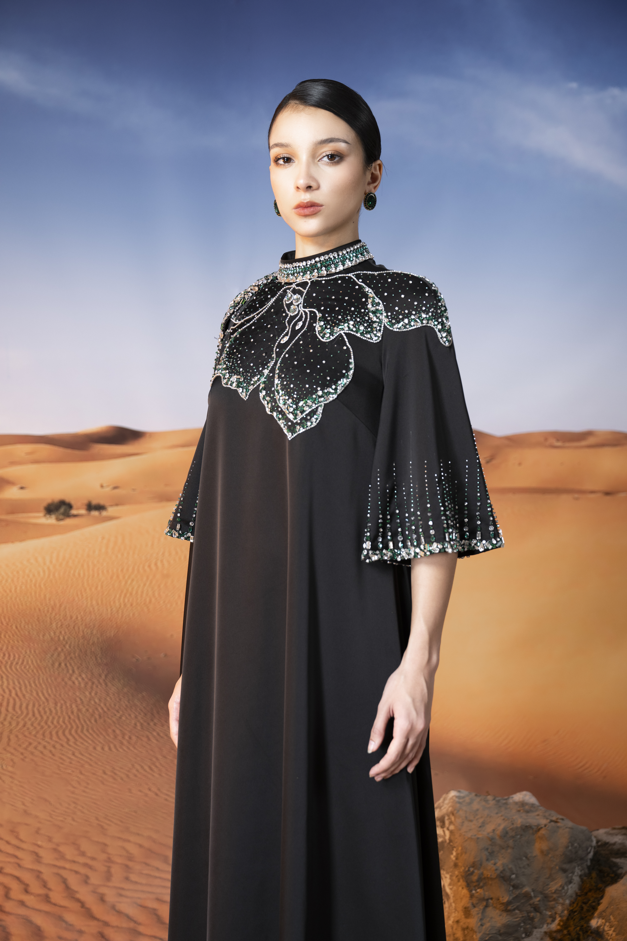 Embellished Cape Sleeve Black Maxi Gown