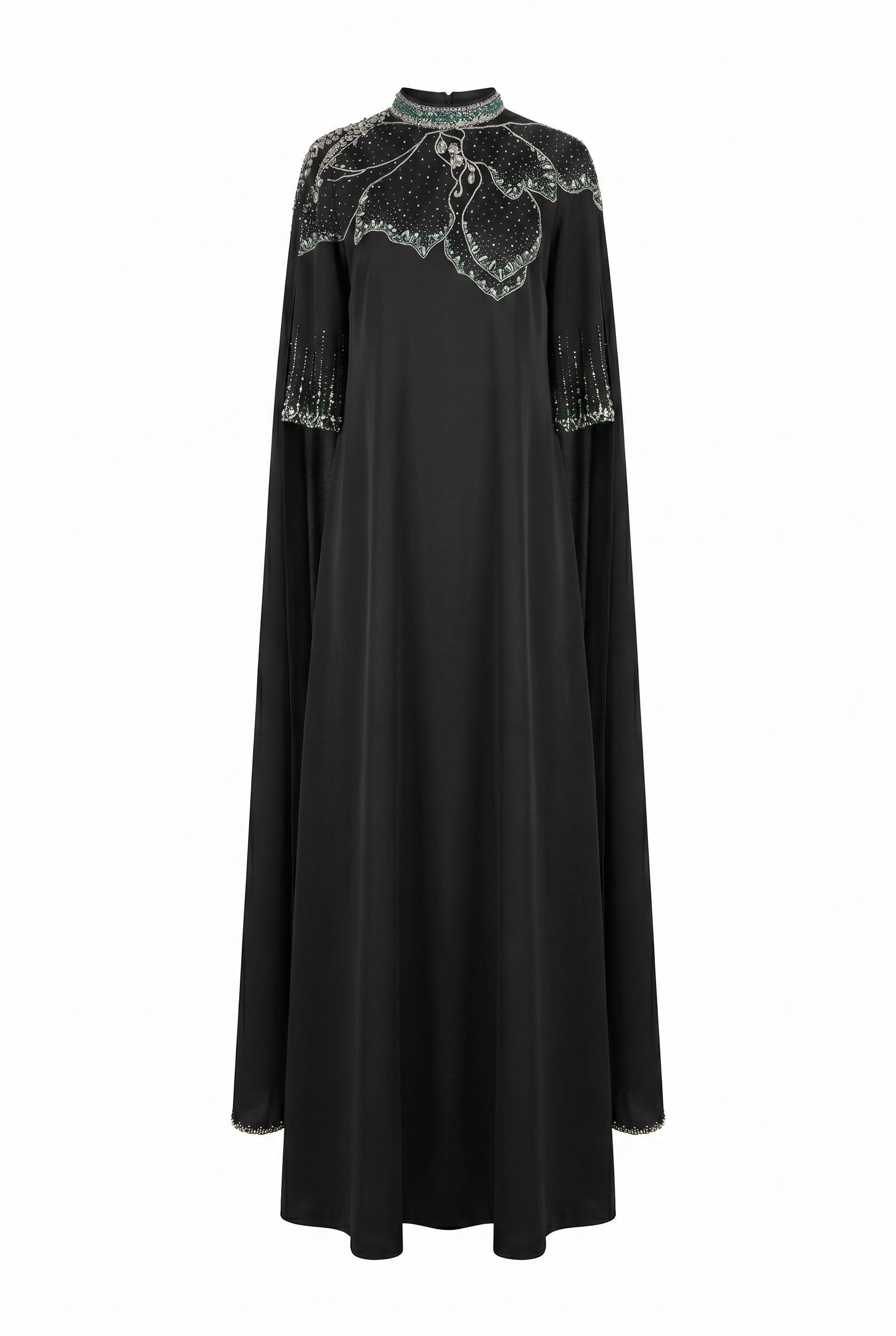 Embellished Cape Sleeve Black Maxi Gown