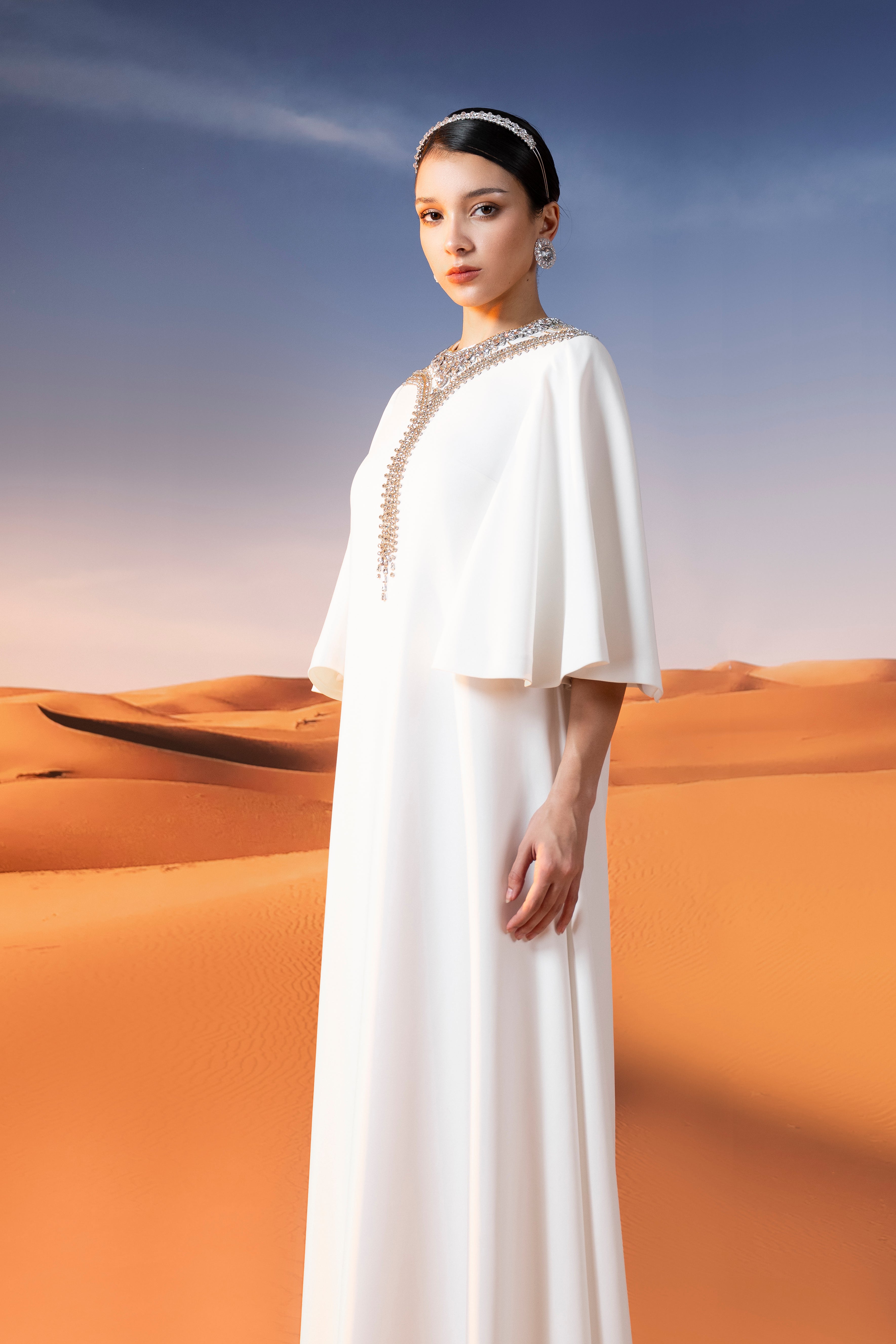 Embellished Cape Sleeve White Maxi Gown