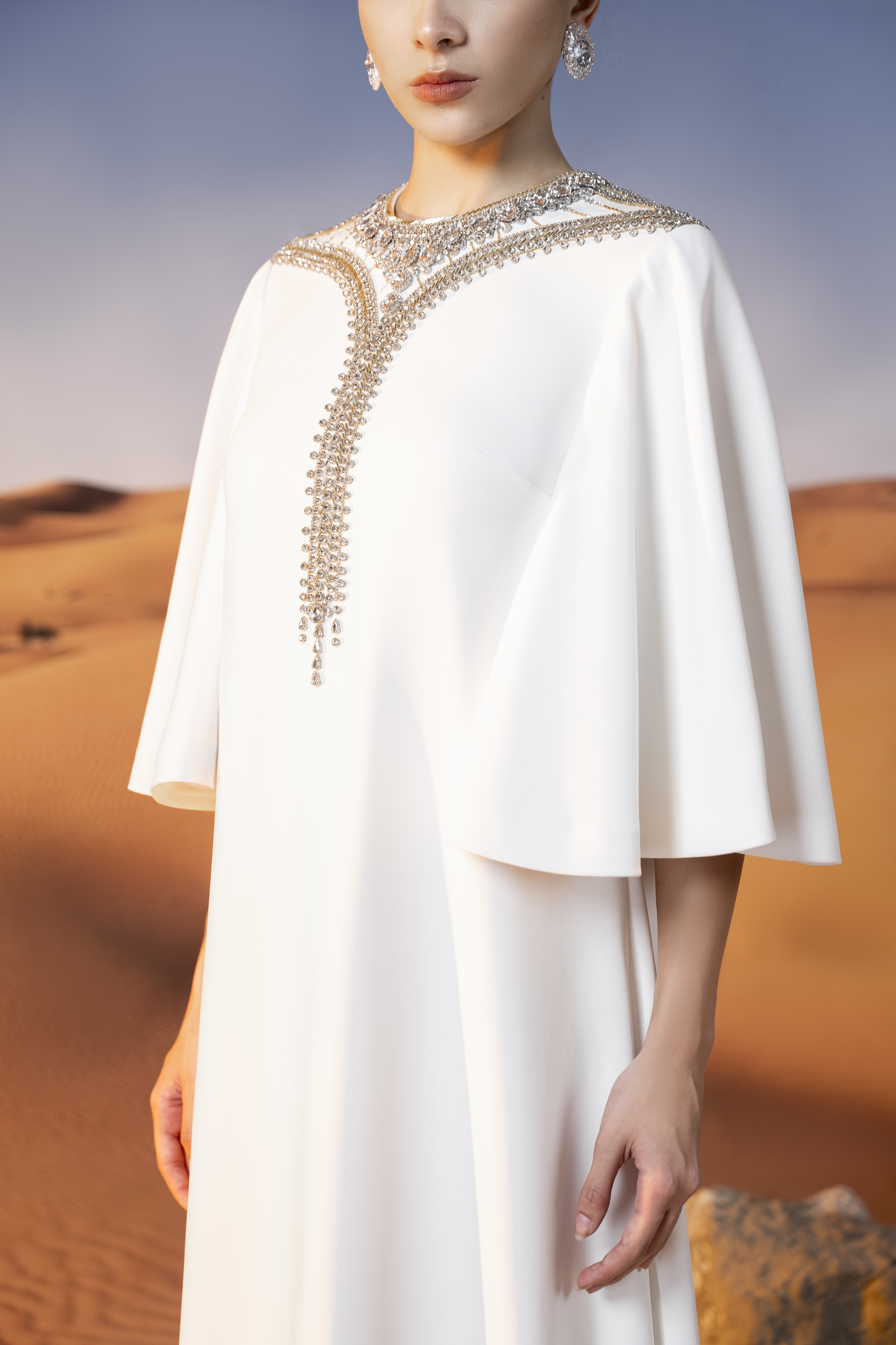 Embellished Cape Sleeve White Maxi Gown