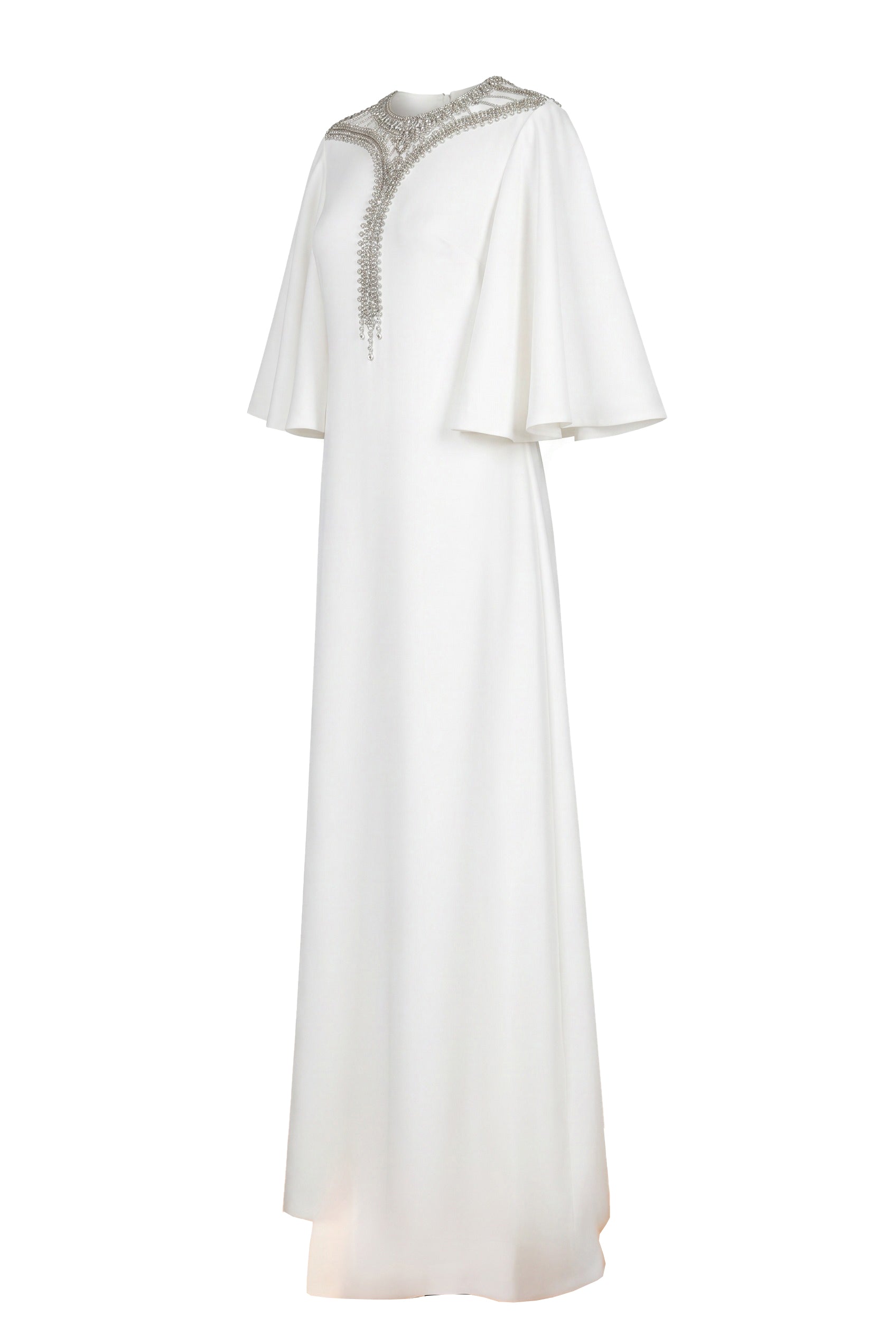 Embellished Cape Sleeve White Maxi Gown