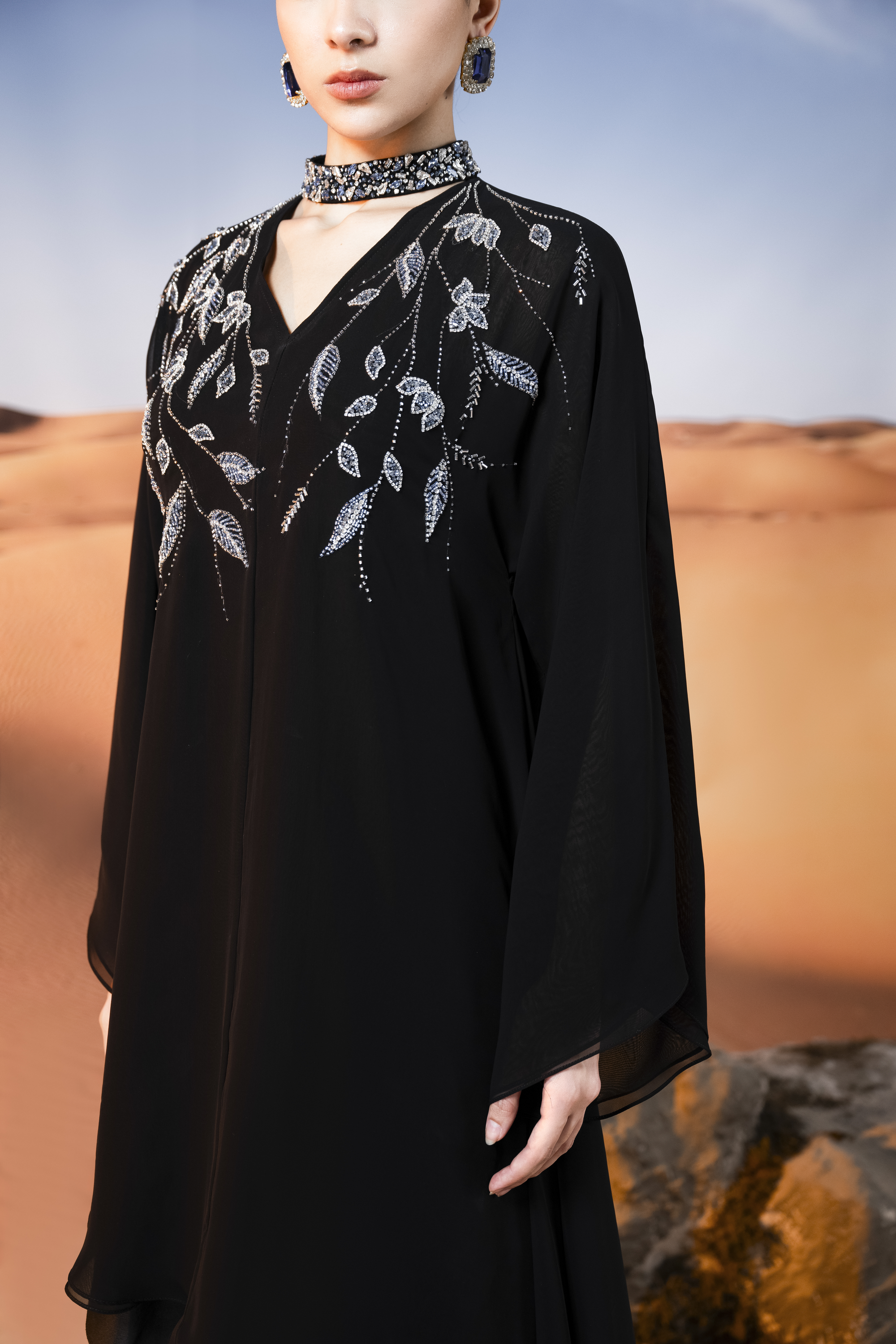 Embellished Chiffon Coat, Top and Skirt Set