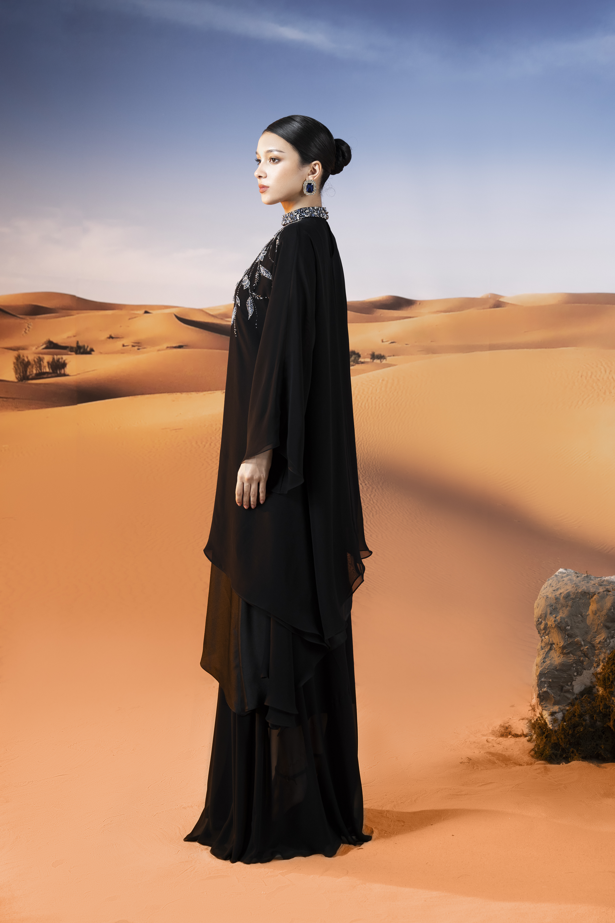 Embellished Chiffon Coat, Top and Skirt Set