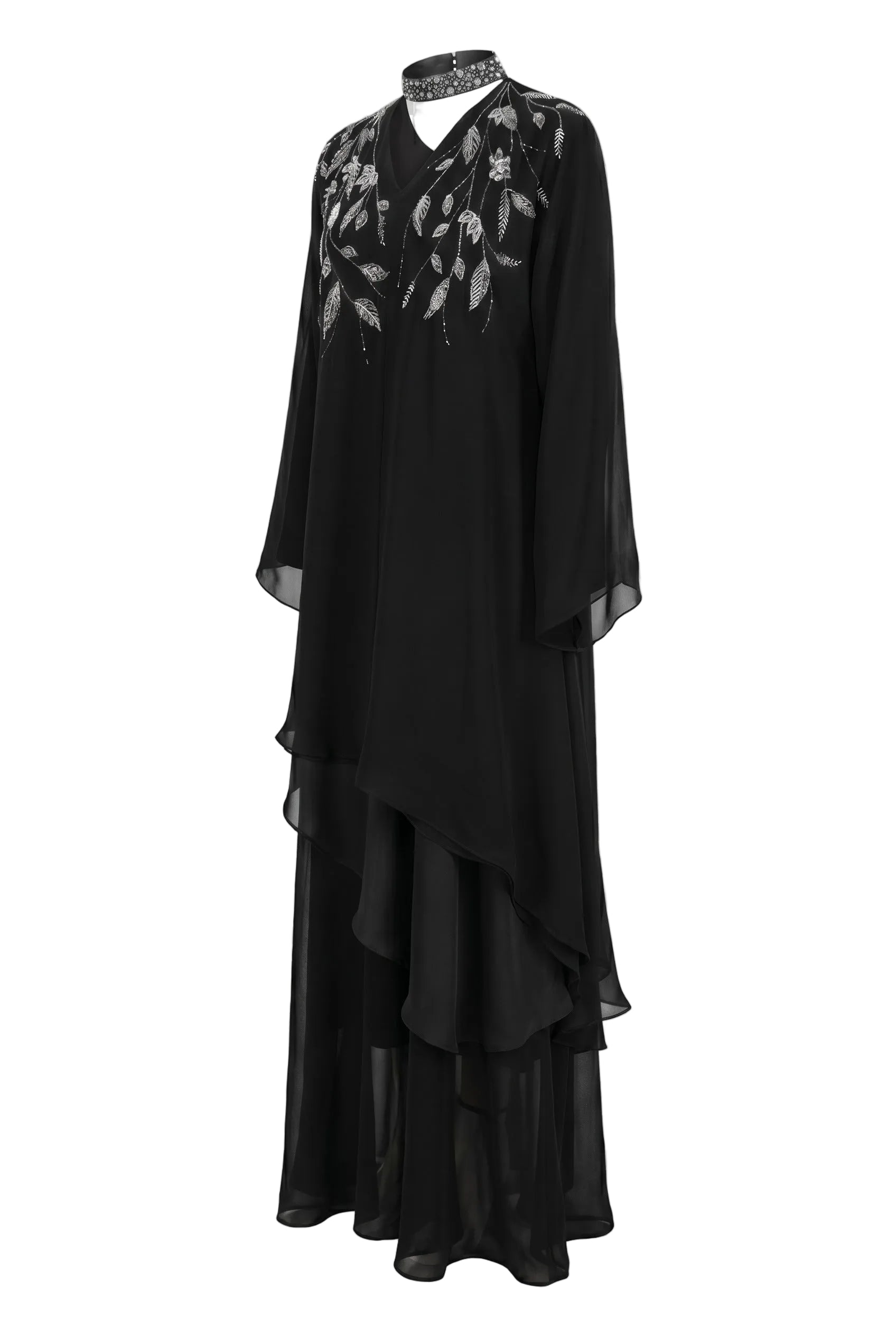 Embellished Chiffon Coat, Top and Skirt Set
