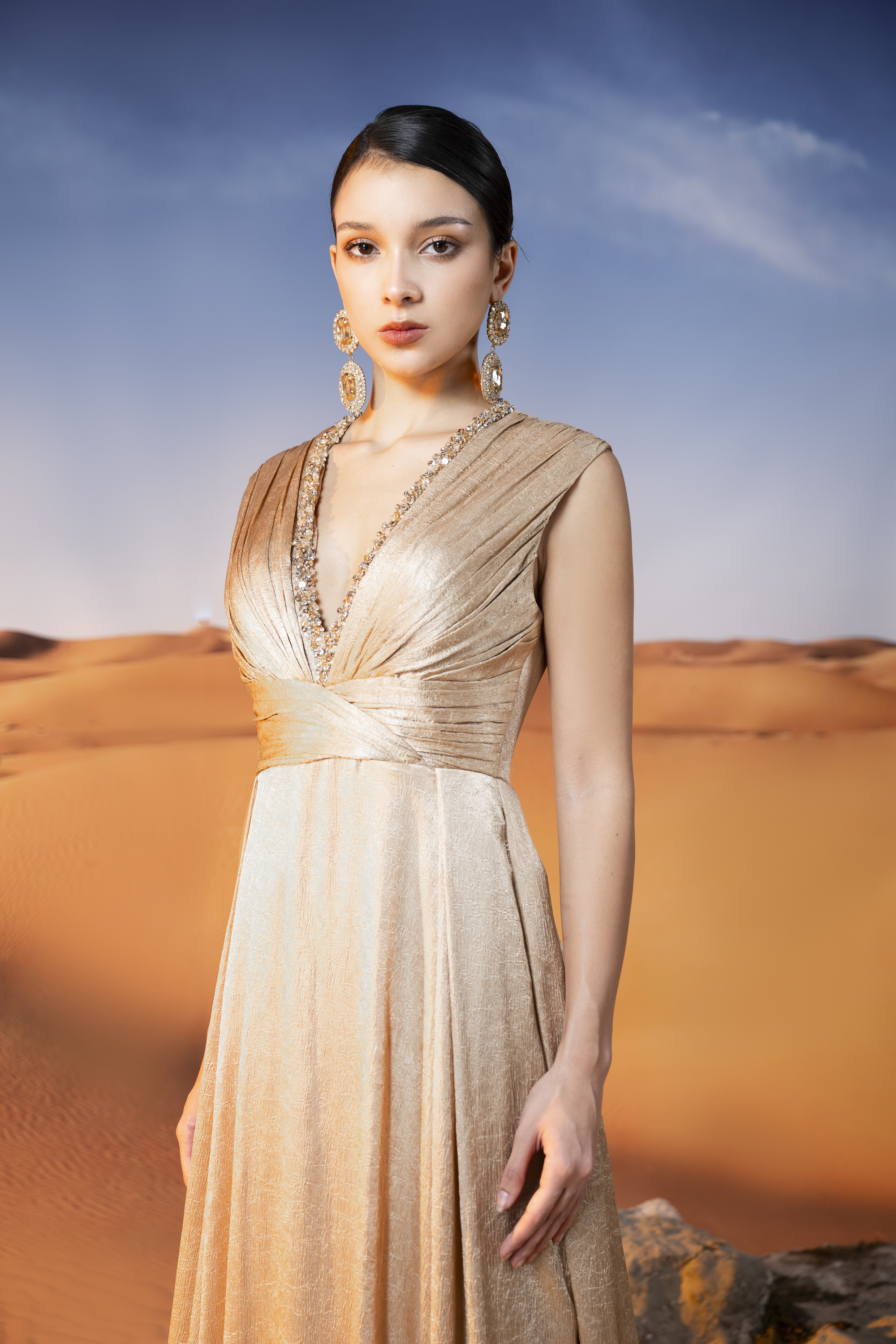 Embellished Draped Gold Maxi Gown