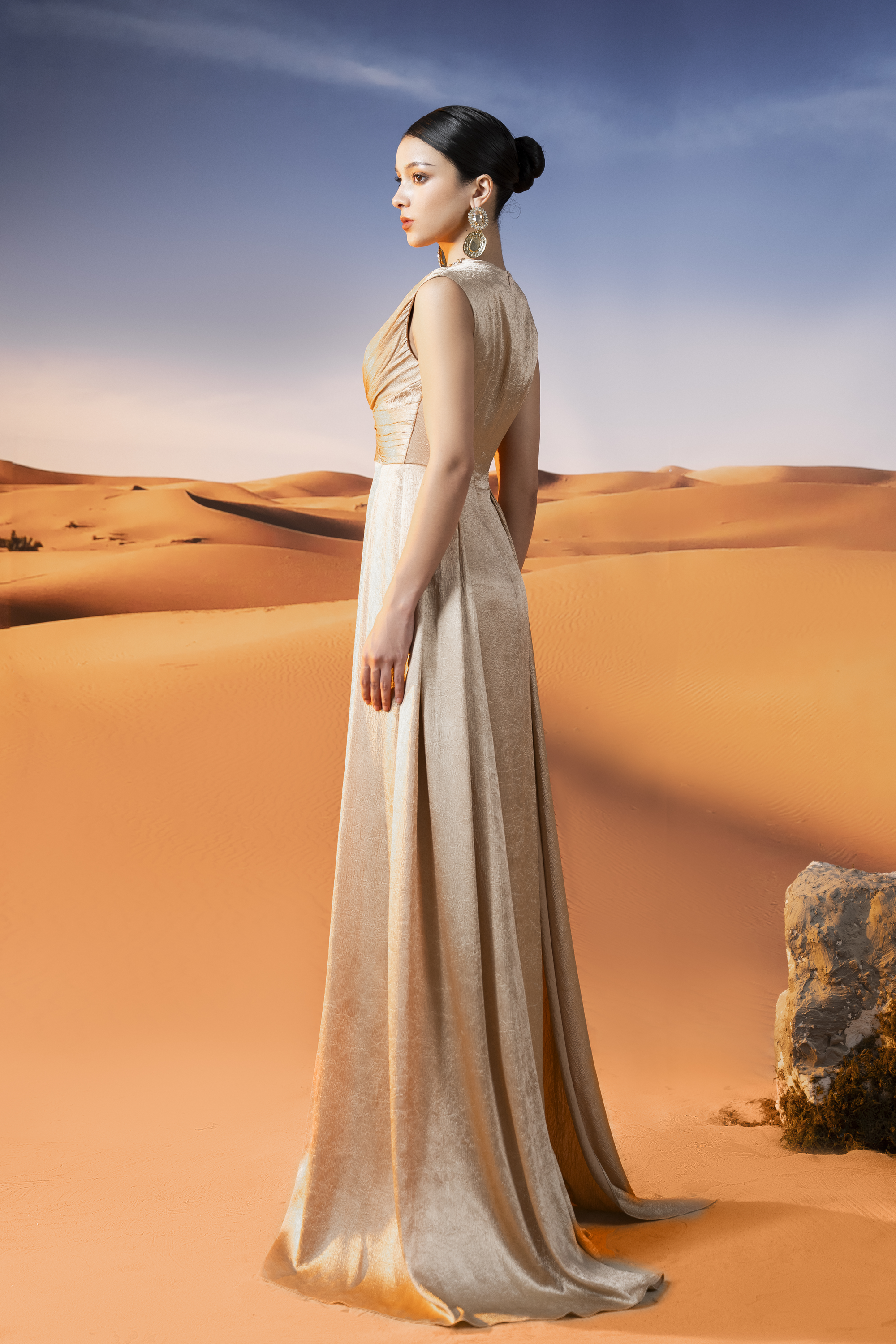 Embellished Draped Gold Maxi Gown