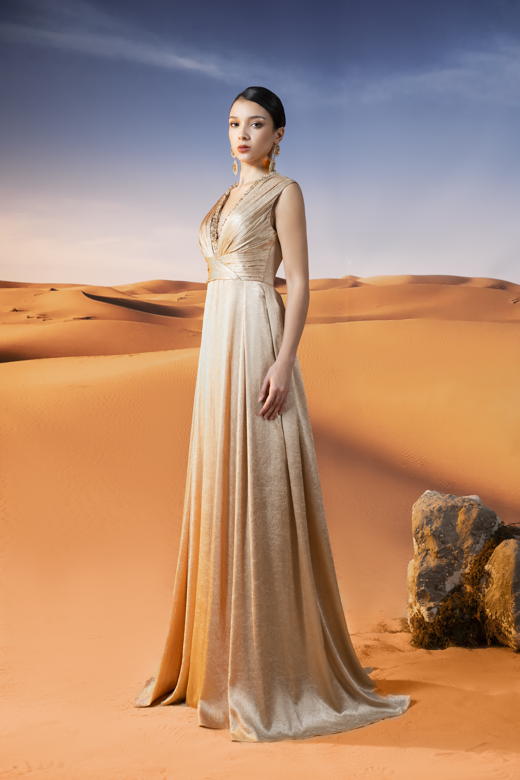Embellished Draped Gold Maxi Gown