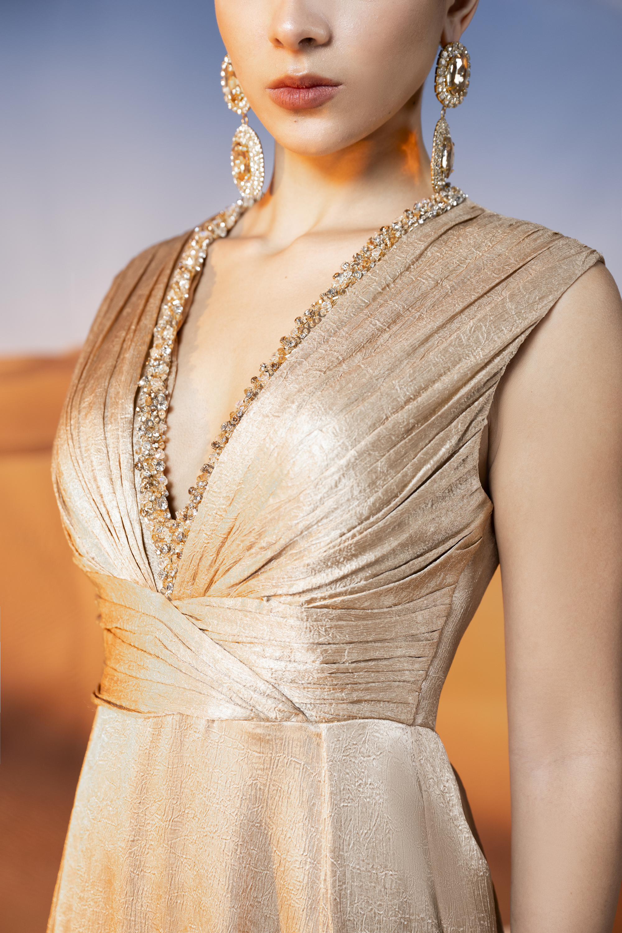 Embellished Draped Gold Maxi Gown