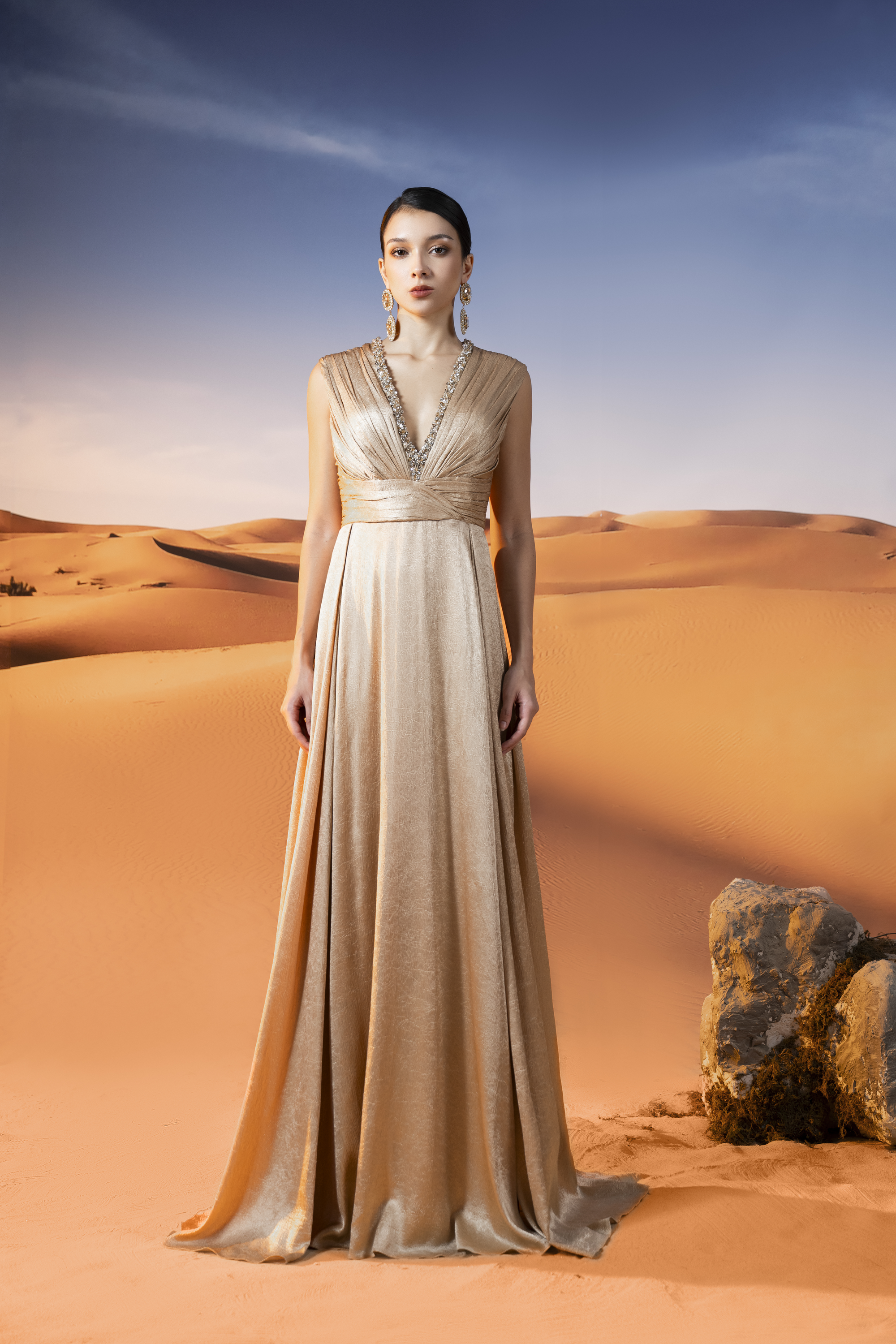 Embellished Draped Gold Maxi Gown