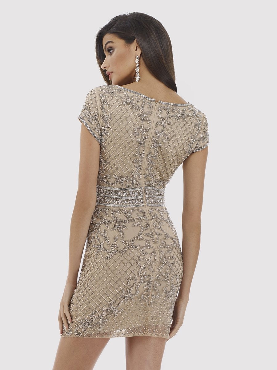 Embellished Short Cocktail Dress with V-Neck & Cap Sleeves 29571