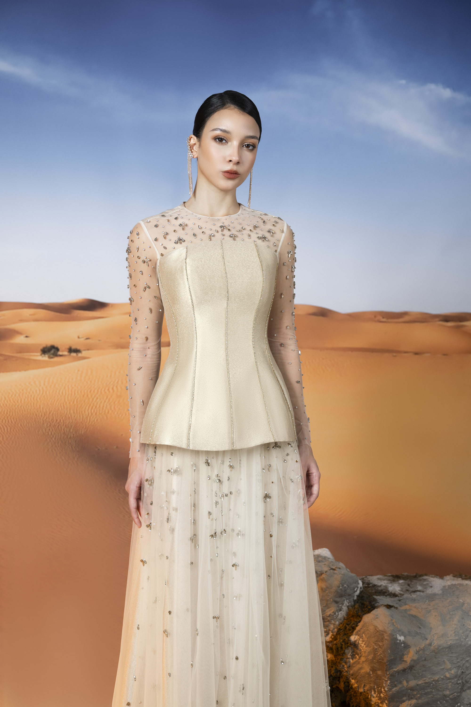 Embellished Tulle and Mikado Peplum Gown
