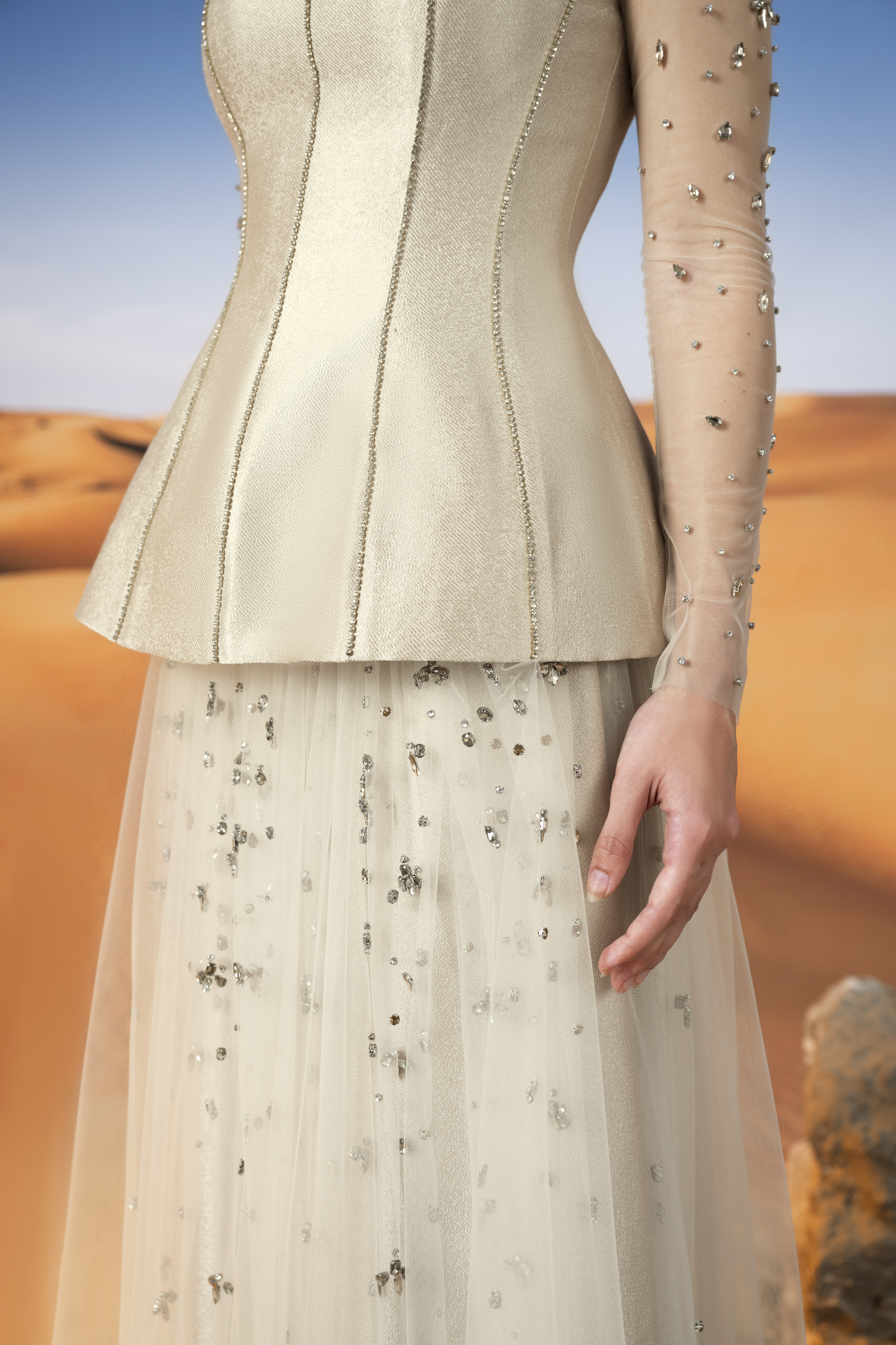 Embellished Tulle and Mikado Peplum Gown