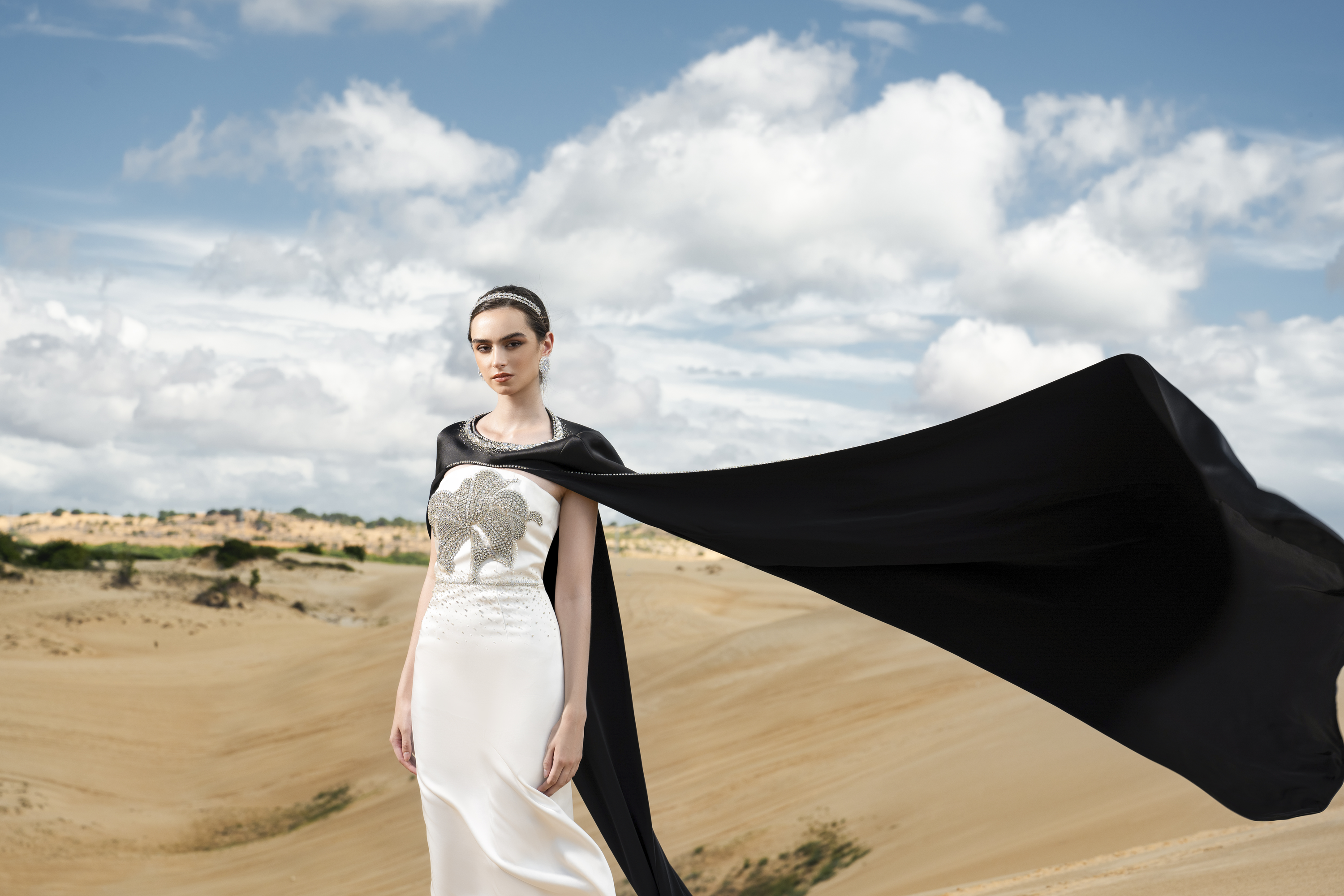 Embellished White Column Gown with Black Cape
