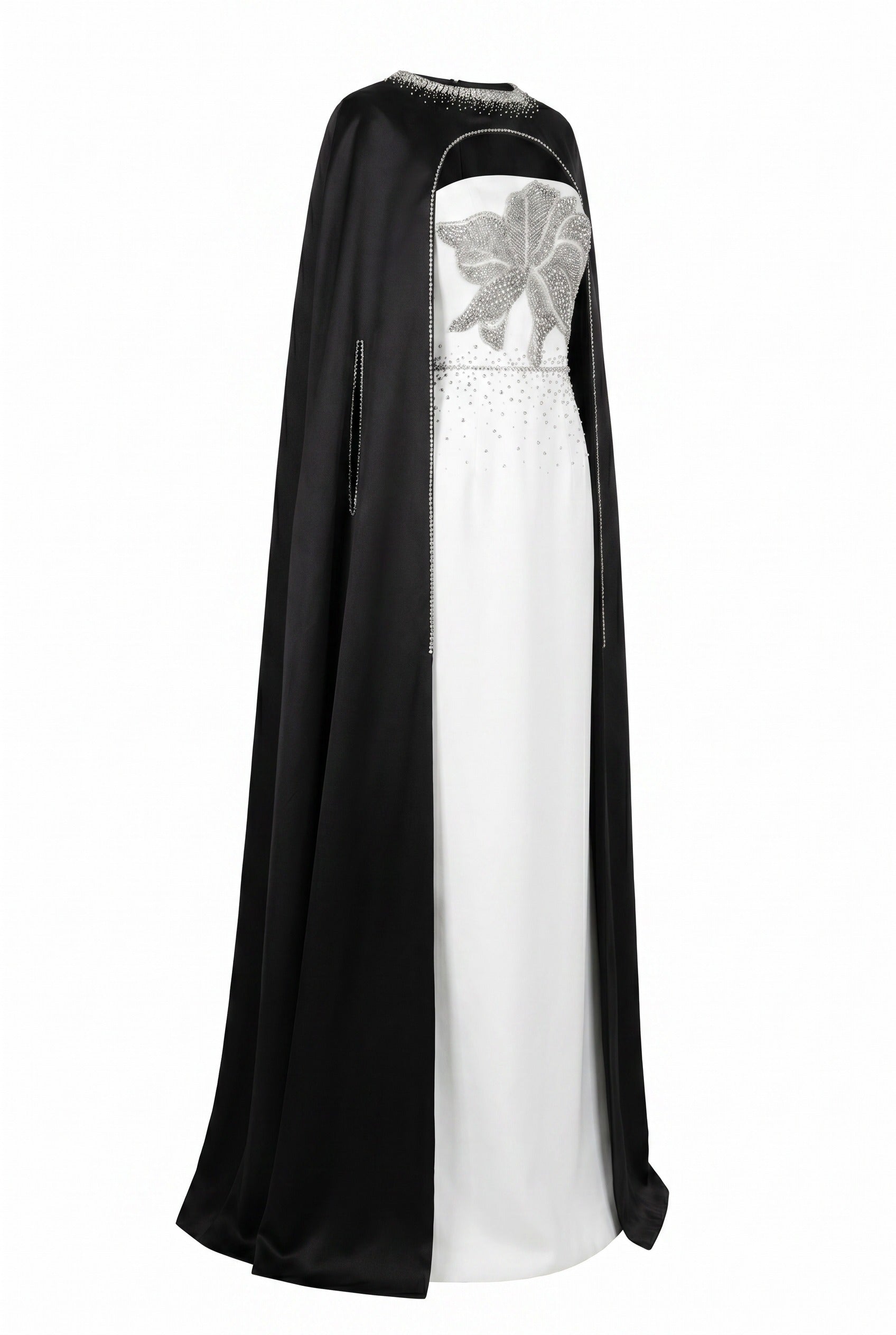 Embellished White Column Gown with Black Cape