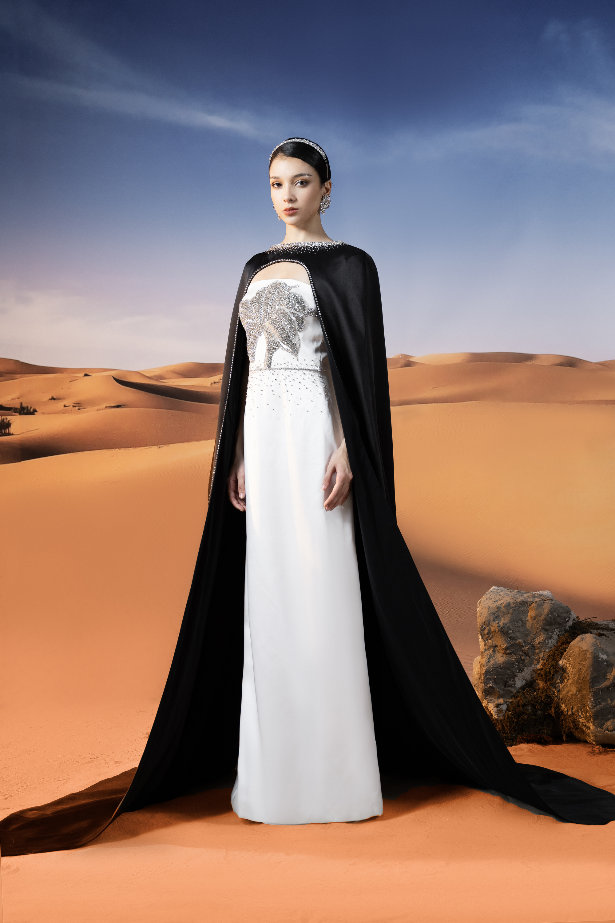Embellished White Column Gown with Black Cape