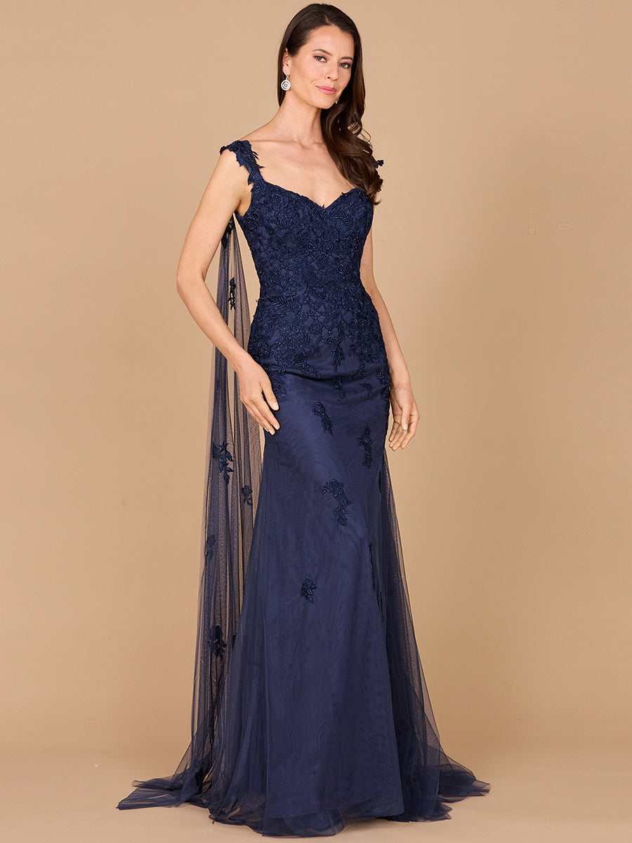 Embroidered Lace Gown with Flowing Capes Style 29018