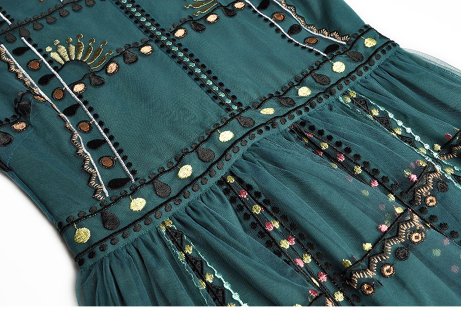 Embroidery Vintage mesh long Dress - WF114