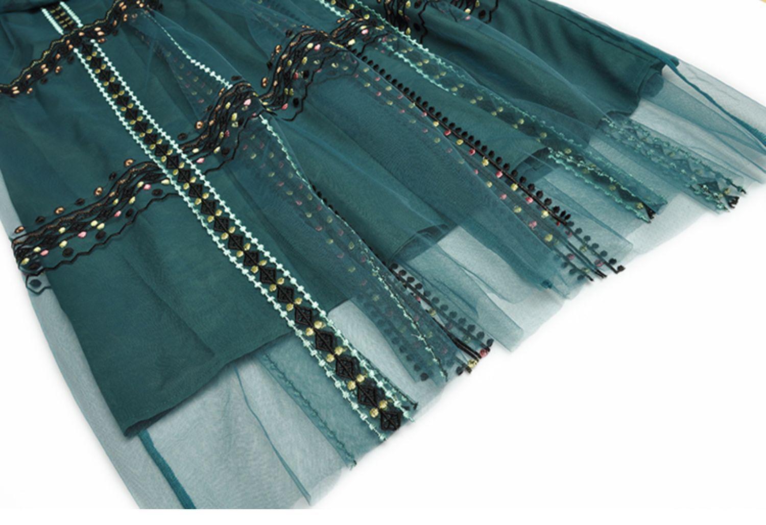 Embroidery Vintage mesh long Dress - WF114