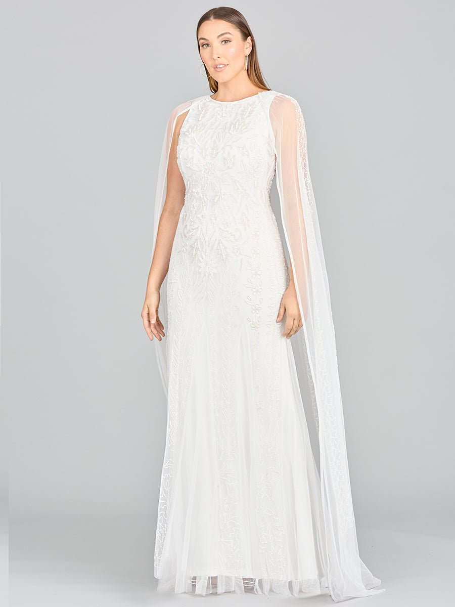 Eve Beaded Cape Sleeve Wedding Dress with High Neckline 51045