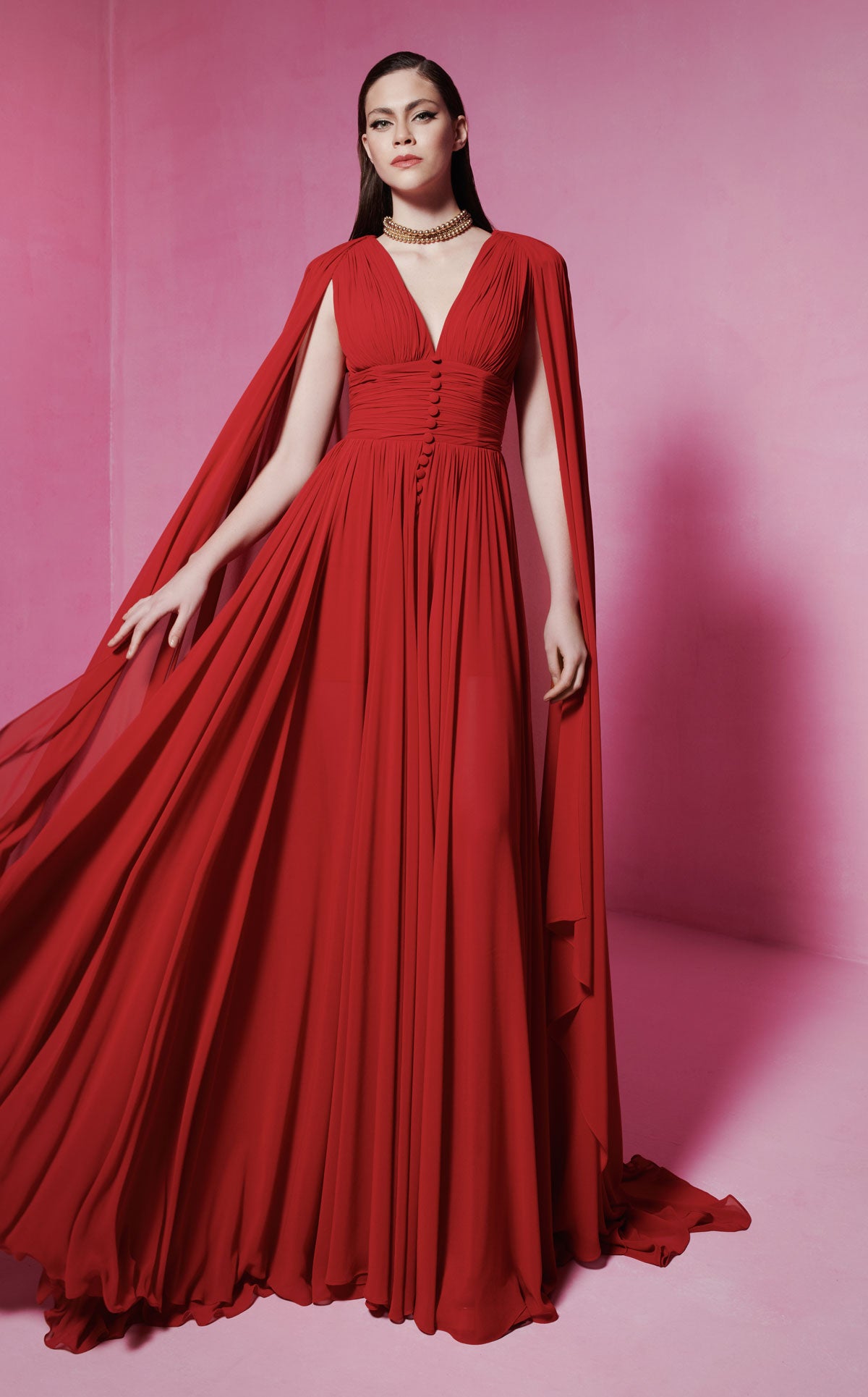 aptivating Red Couture Gown with Majestic Cape Sleeves F02845