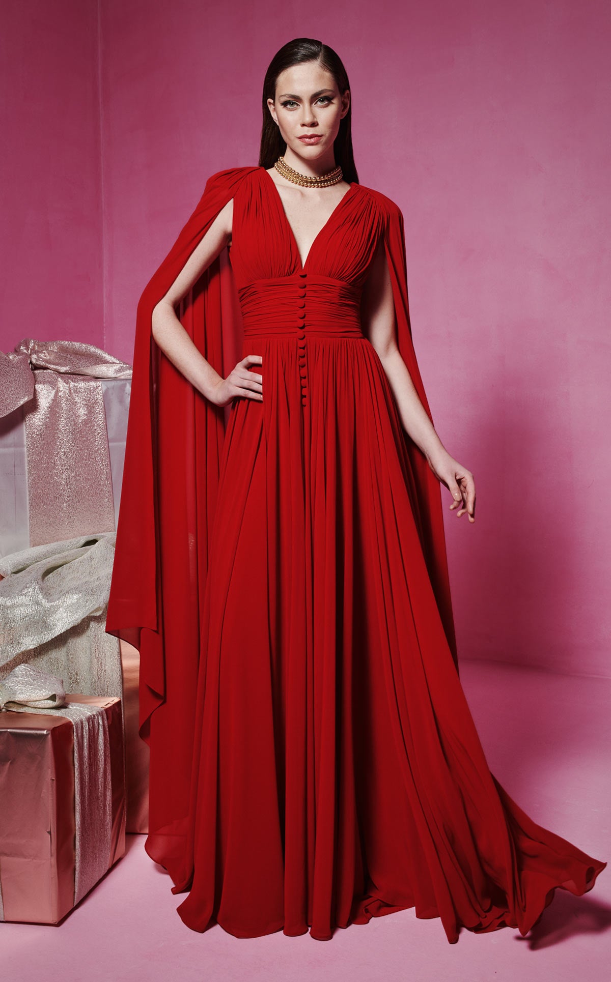 aptivating Red Couture Gown with Majestic Cape Sleeves F02845