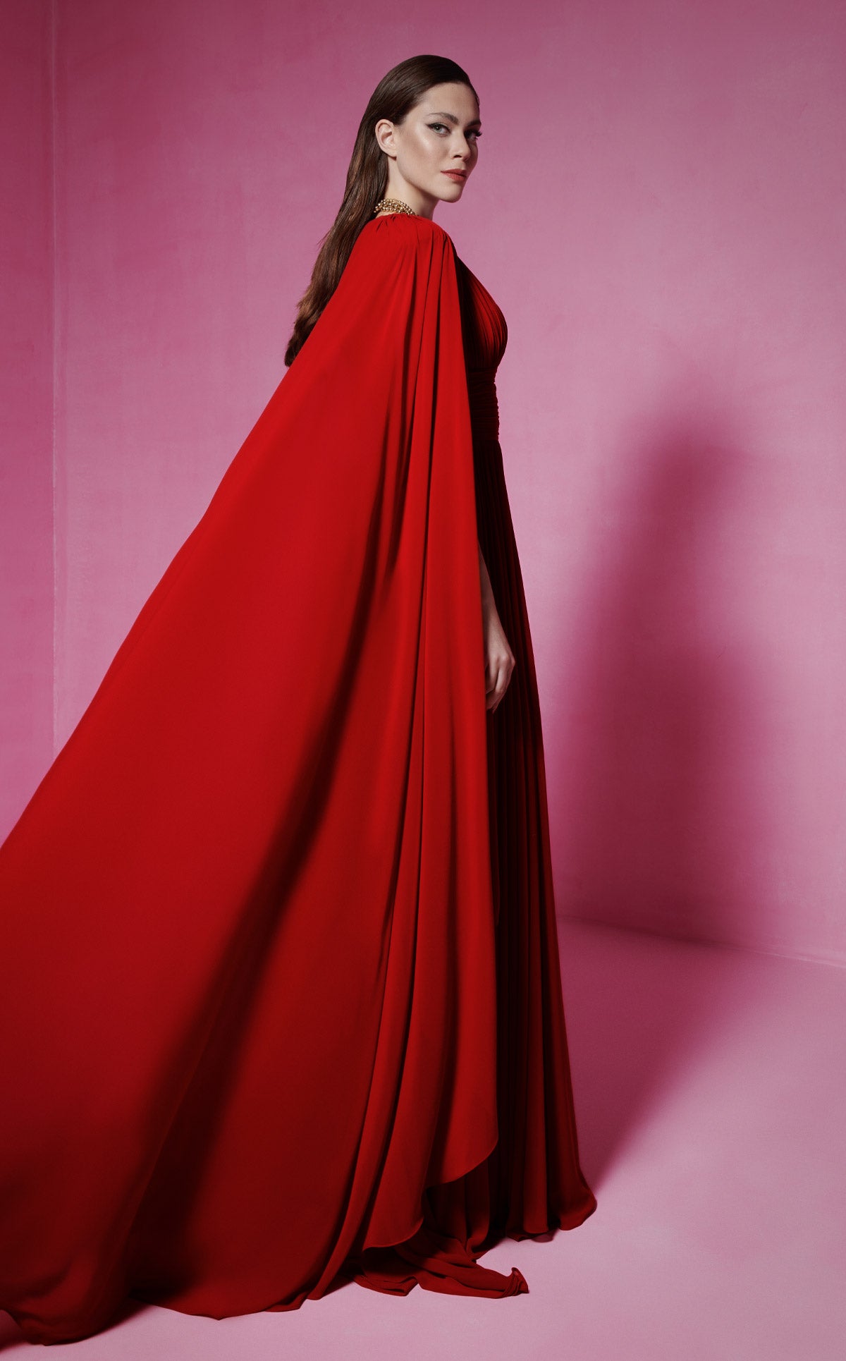 aptivating Red Couture Gown with Majestic Cape Sleeves F02845